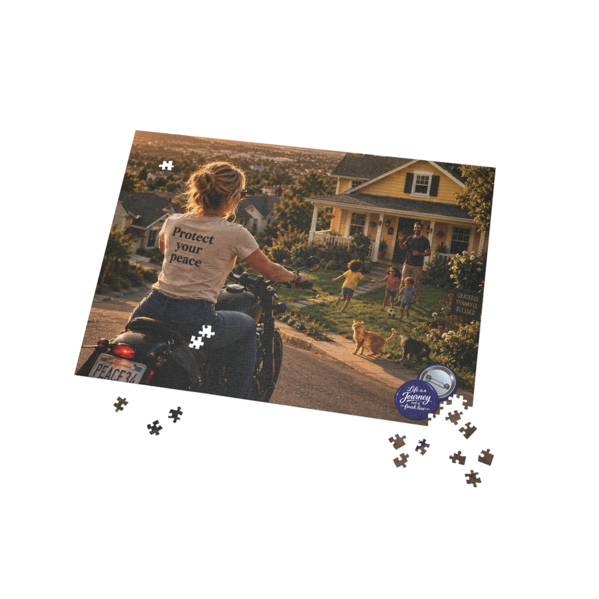 Puzzle — 'Protect Your Peace' Motorcycle & Family Scene Jigsaw (96–1000 pcs)