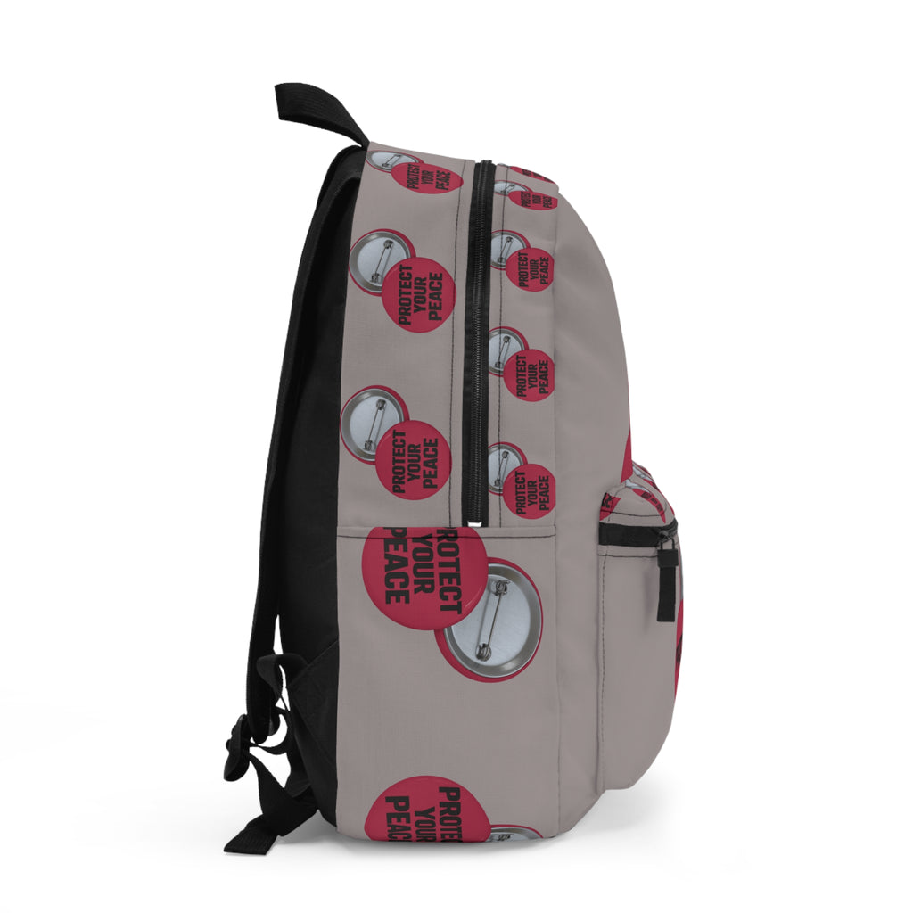 Protect Your Peace Button Backpack – Neutral Grey Daypack with Pink Badge Design