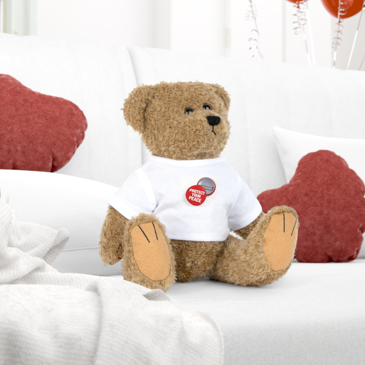 Teddy Bear Plush with “Protect Peace” Button Tee