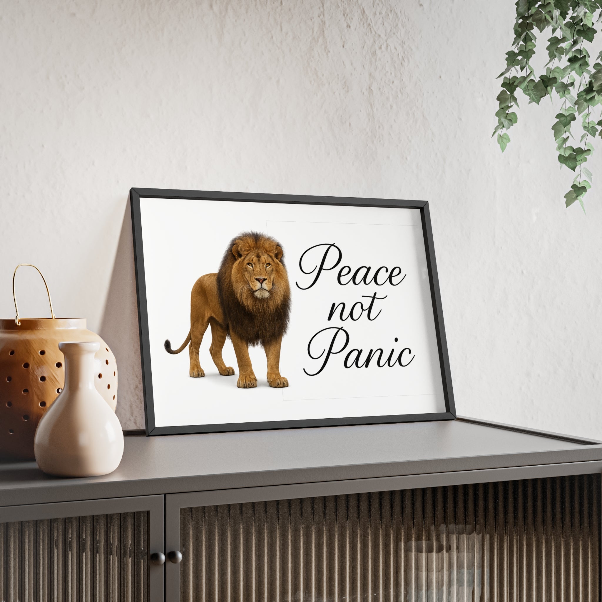 Peace Not Panic Lion Poster with Wooden Frame — Calming Wall Art for Home & Office