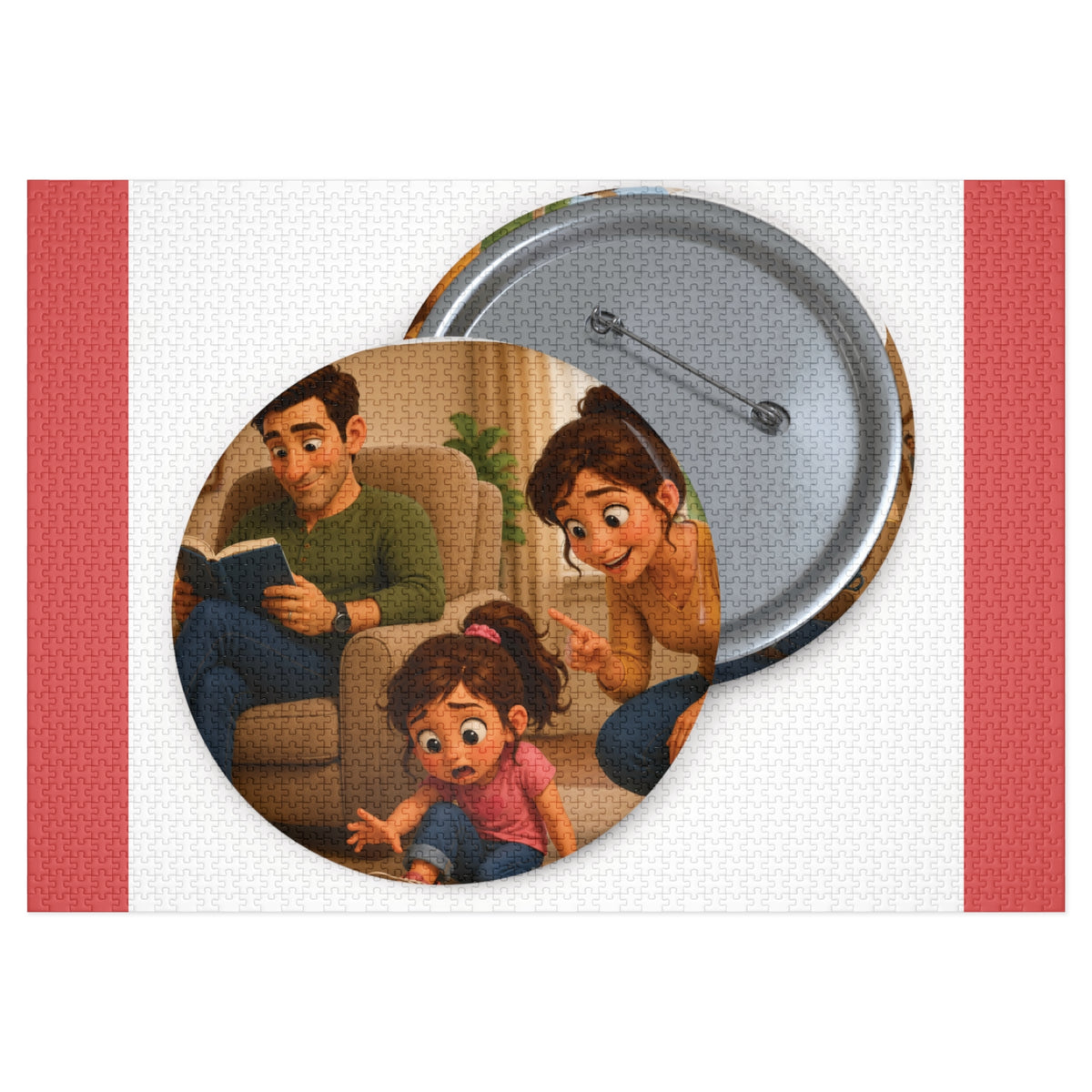 Family Moment 252-Piece Round Tin Puzzle — Cute Parents & Kid Illustration