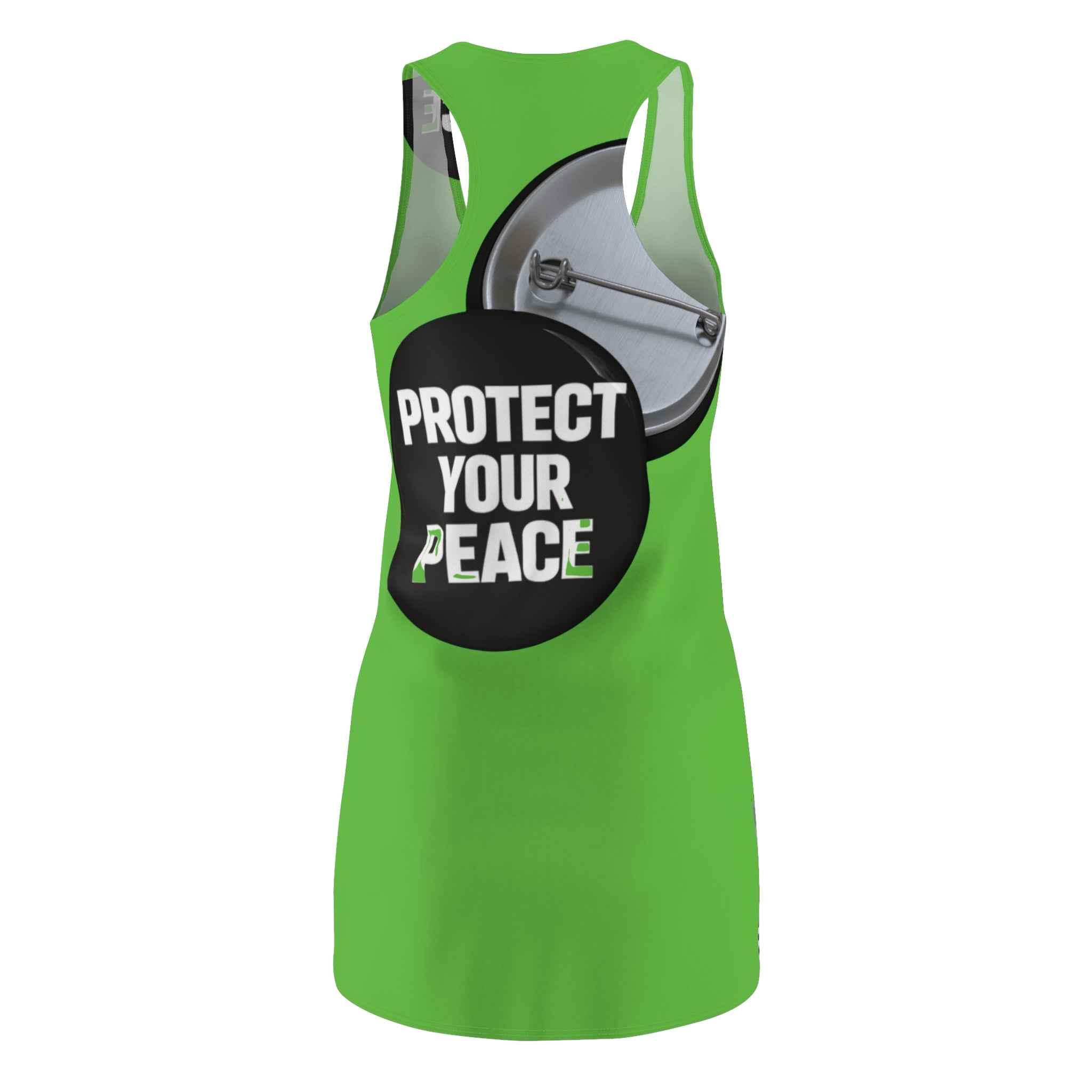 Protect Your Peace Racerback Dress — Bold Green AOP Peace Button Design