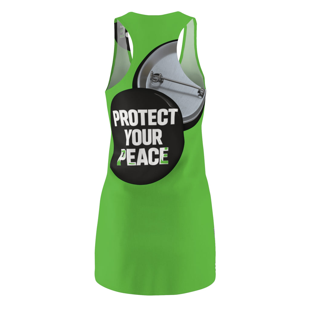 Protect Your Peace Racerback Dress — Bold Green AOP Peace Button Design