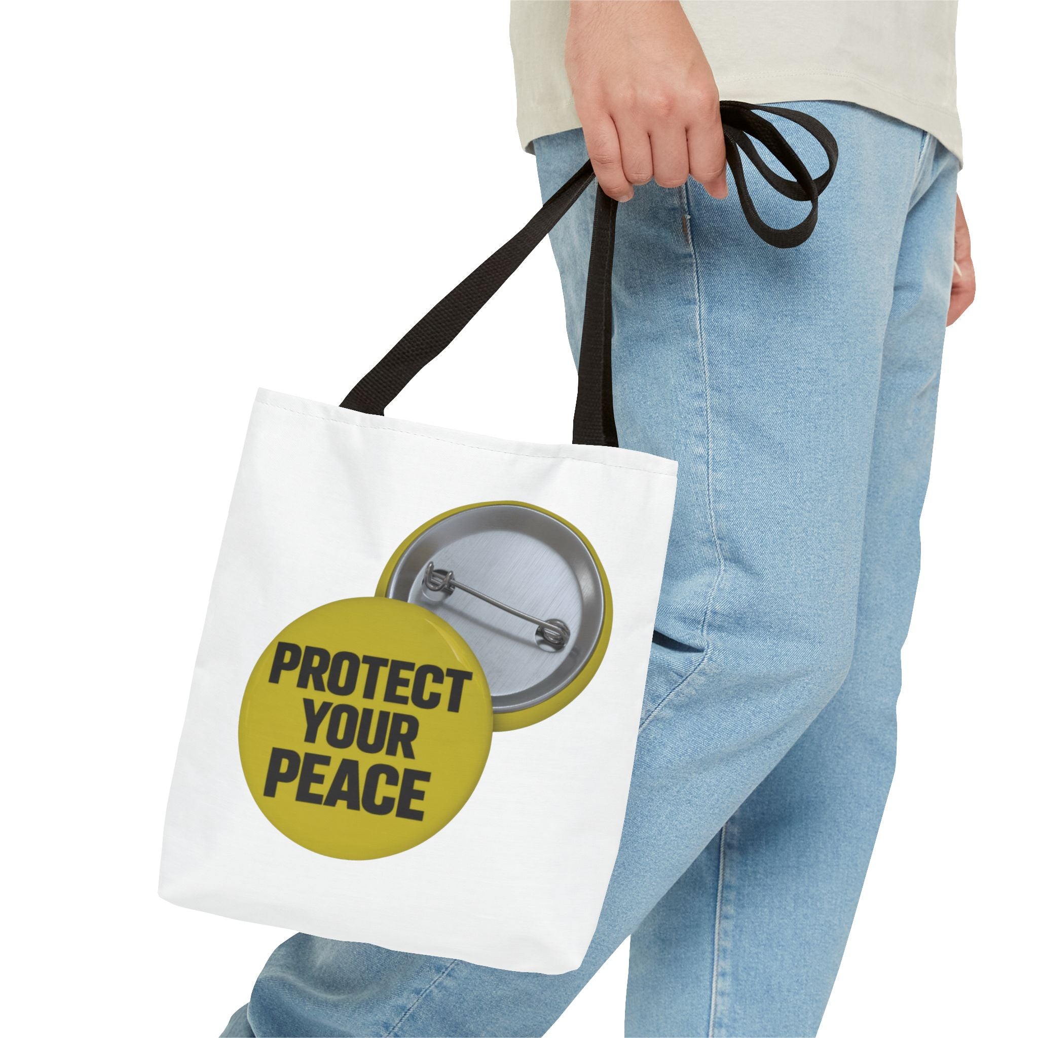 Protect Your Peace Tote Bag — Inspirational Yellow Button Graphic Tote
