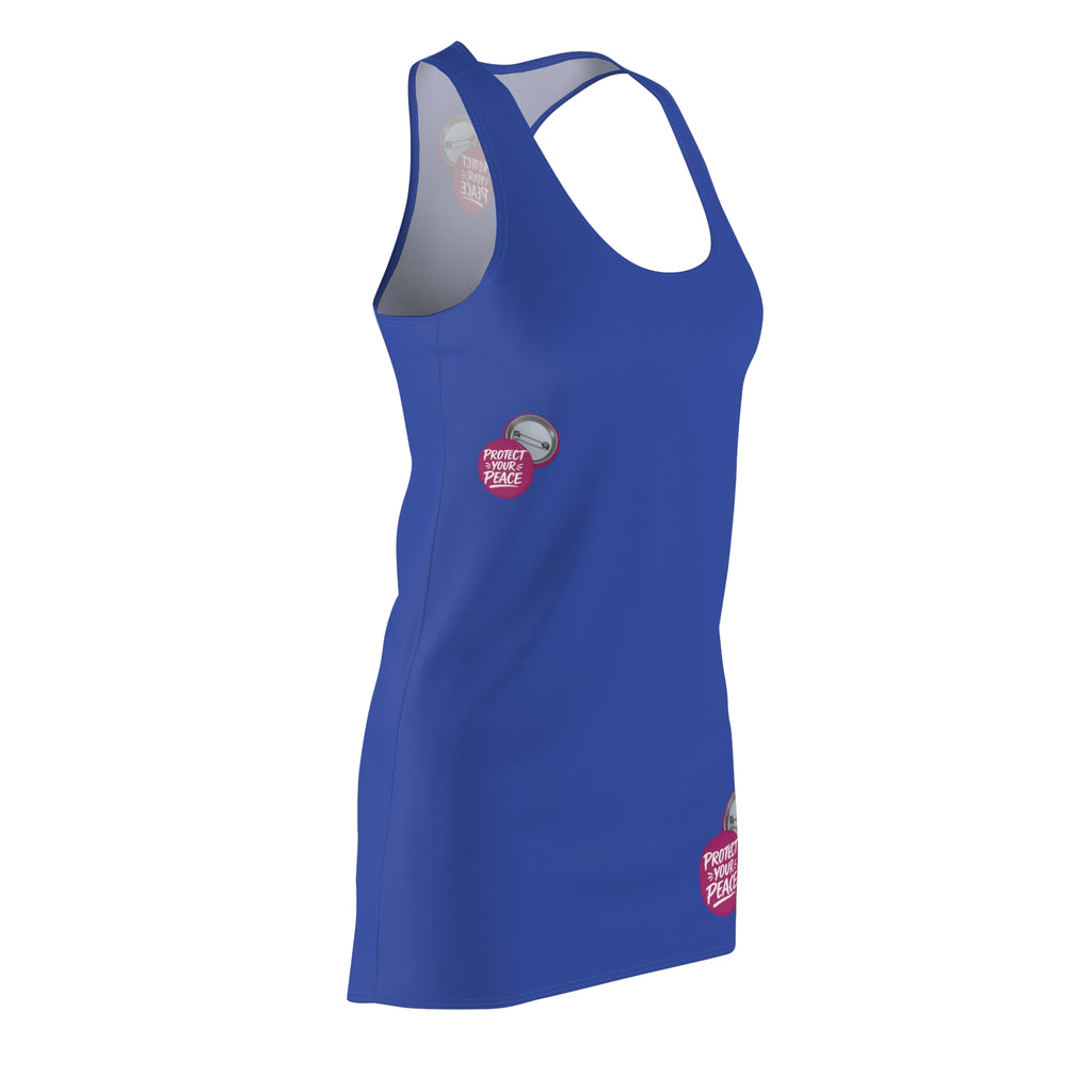 Racerback Dress — Blue Women's Cut & Sew Dress with 'Protect Your Peace' Badge