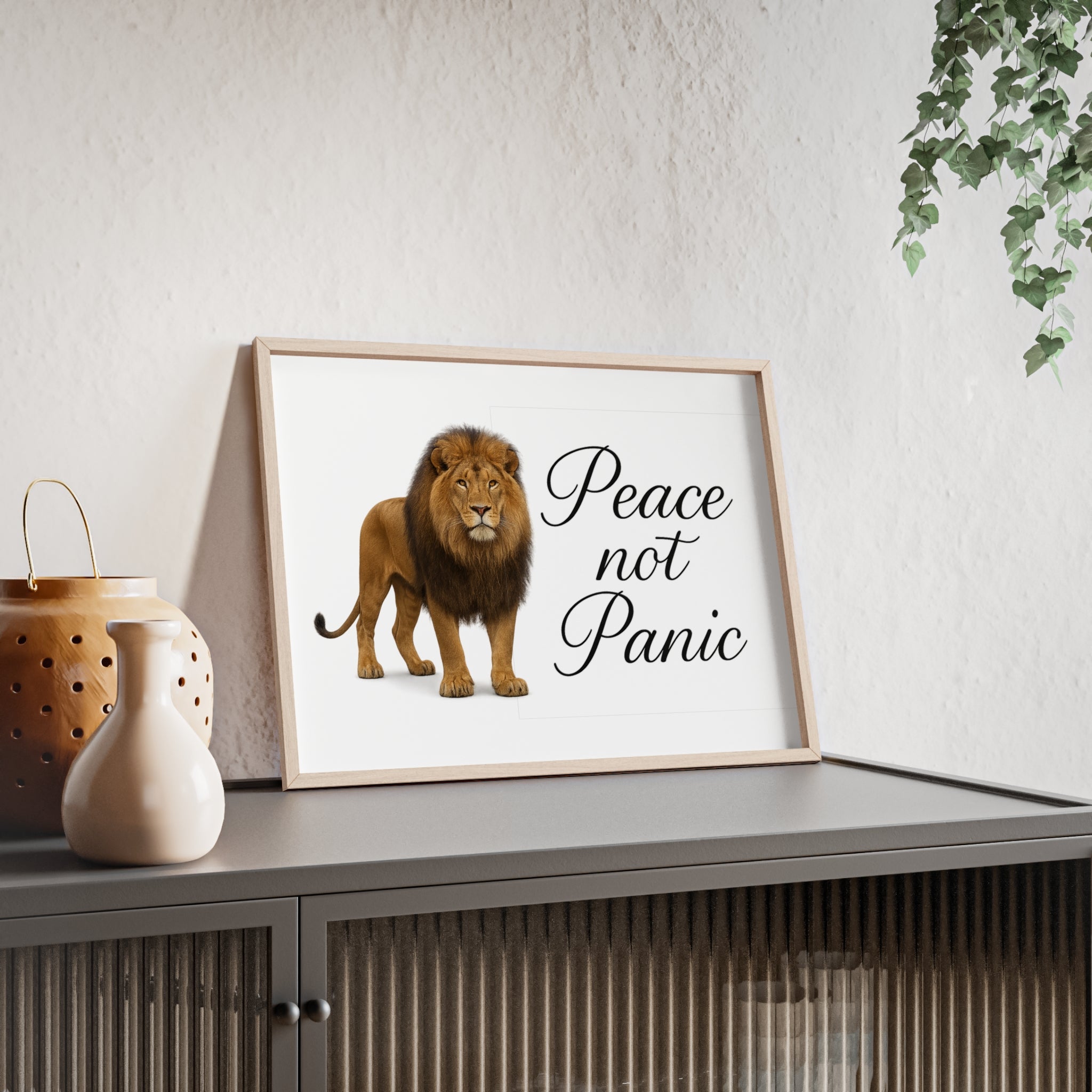Peace Not Panic Lion Poster with Wooden Frame — Calming Wall Art for Home & Office
