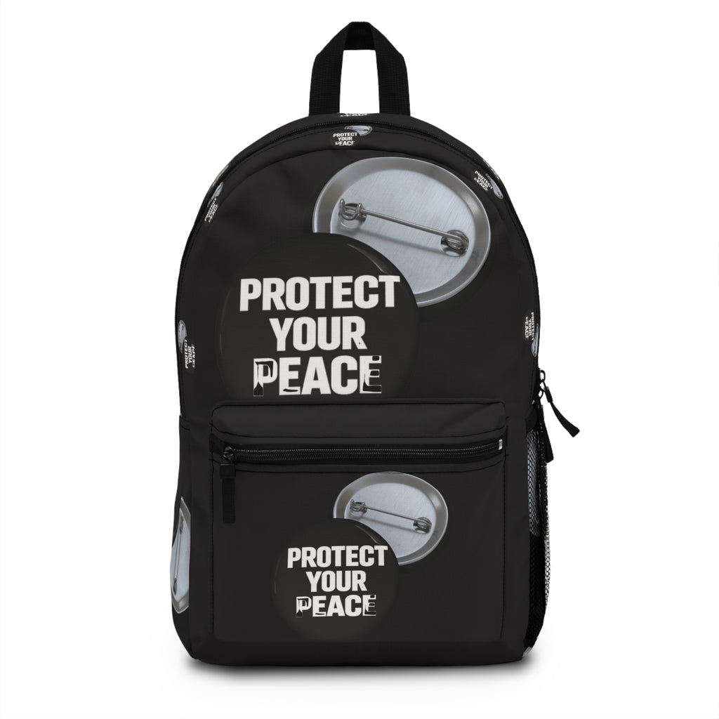 Protect Your Peace Backpack – Black Button graphic design .
