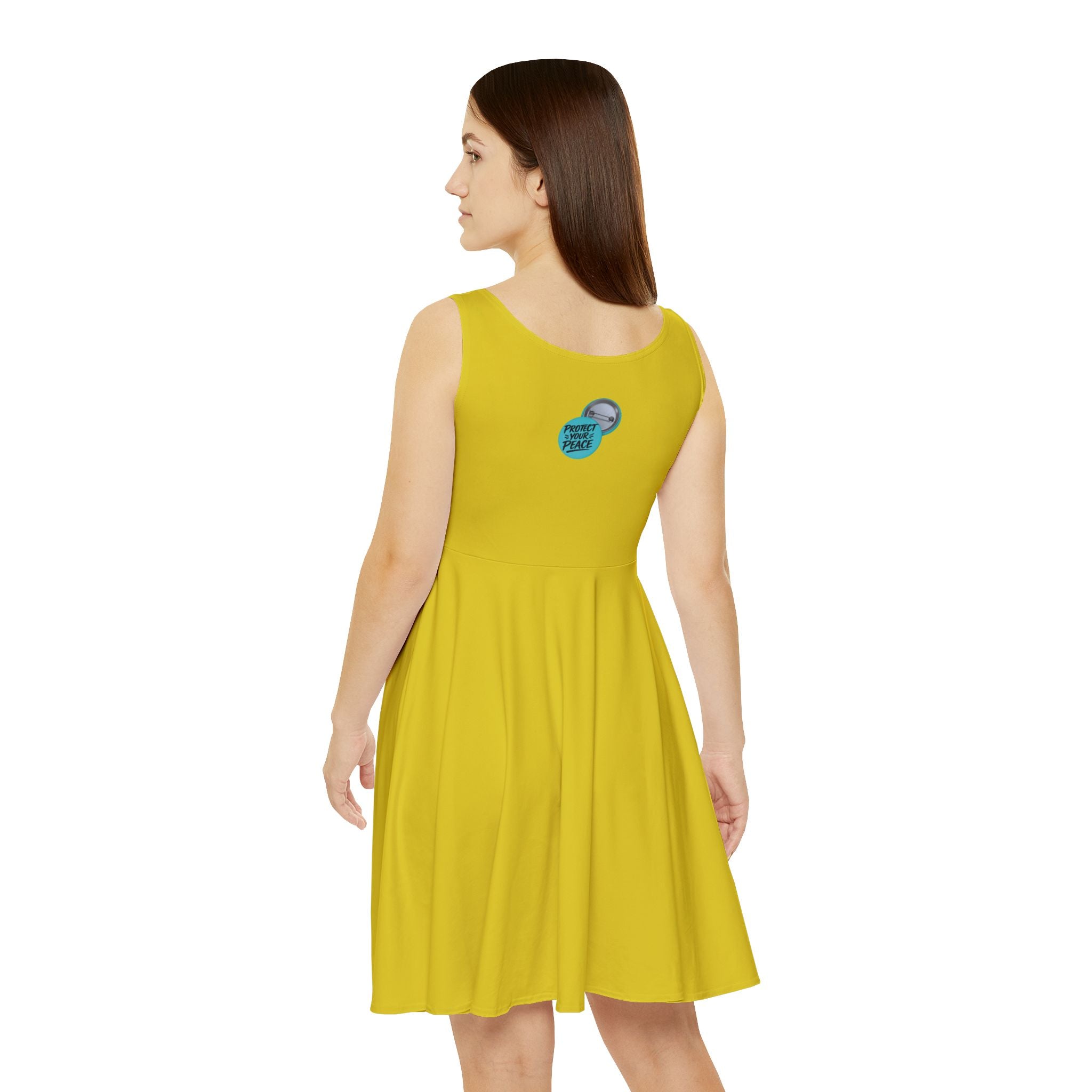 Yellow Skater Dress with Retro Pin-Up Badge — Women's AOP Casual Sundress