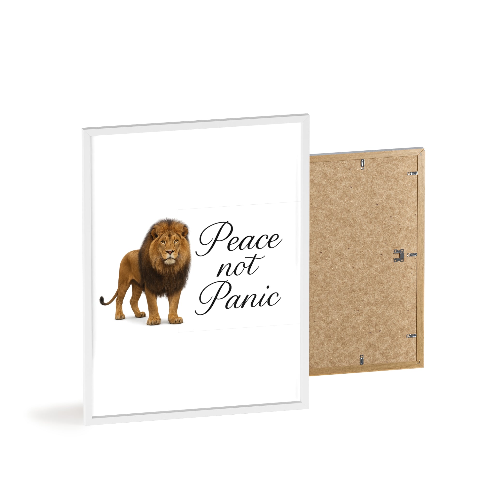 Peace Not Panic Lion Poster with Wooden Frame — Calming Wall Art for Home & Office