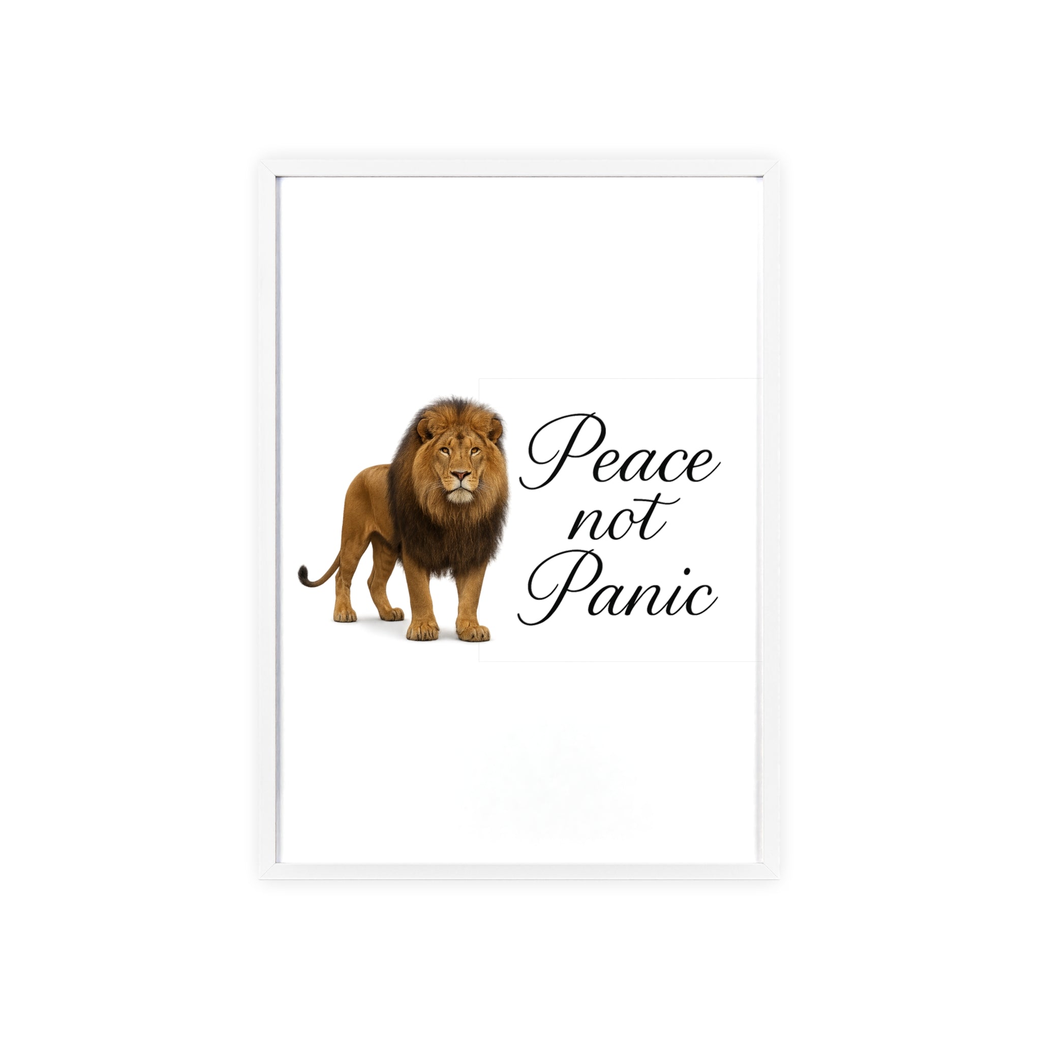 Peace Not Panic Lion Poster with Wooden Frame — Calming Wall Art for Home & Office