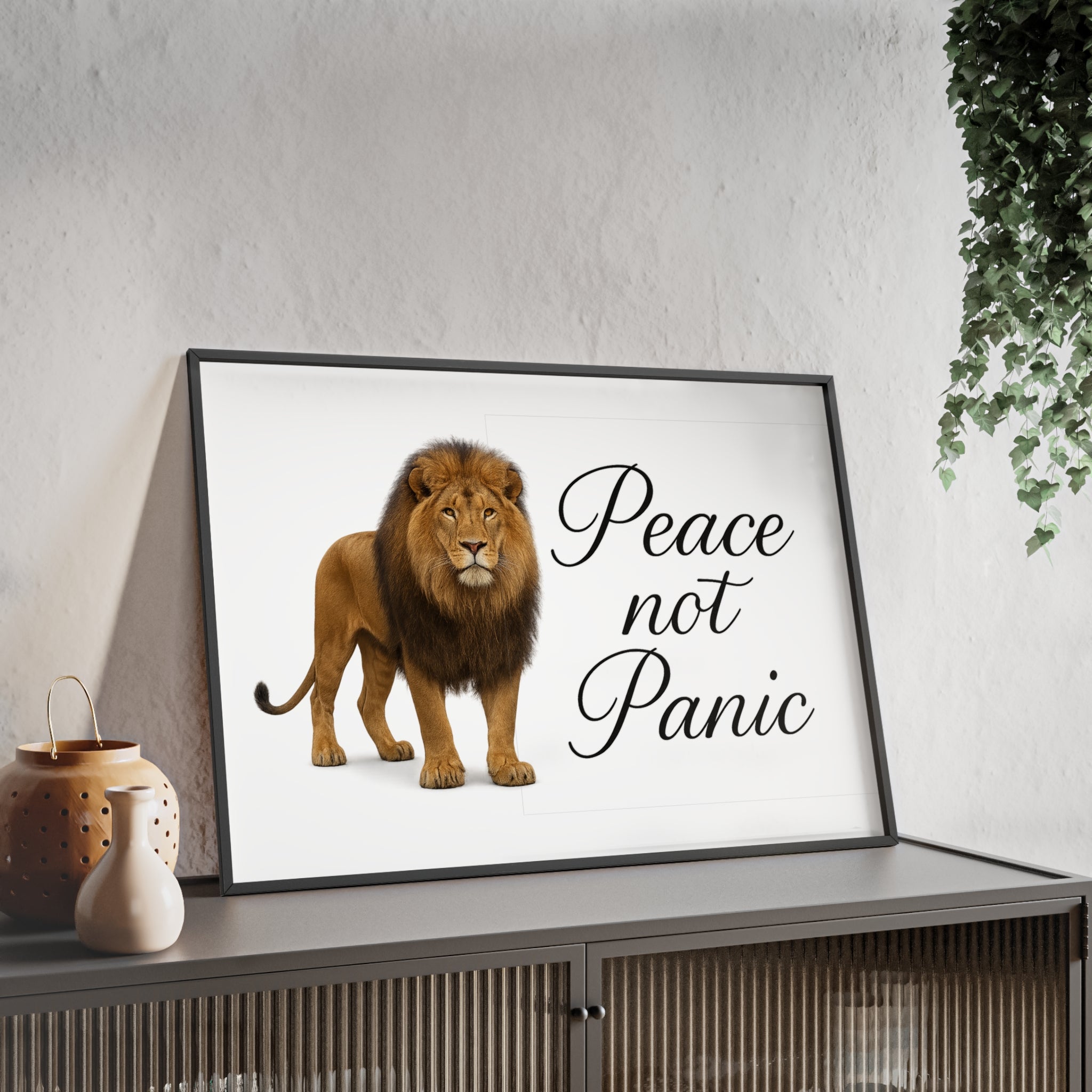 Peace Not Panic Lion Poster with Wooden Frame — Calming Wall Art for Home & Office