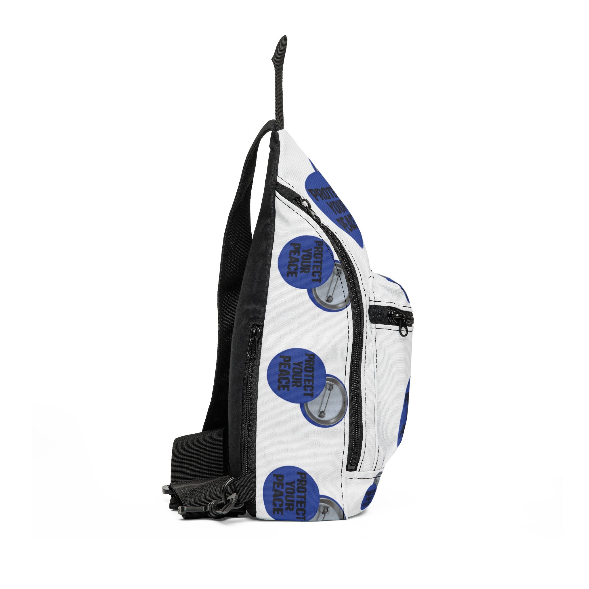 Protect Your Peace Sling Bag – White Crossbody Pack with Blue ‘Protect Your Peace’ Button Design