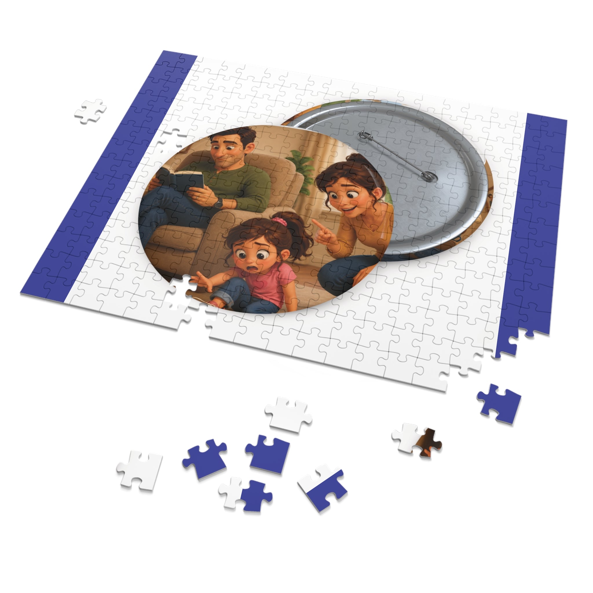 Family Movie Night Round Pin Puzzle with Tin — 252-Piece Keepsake Jigsaw