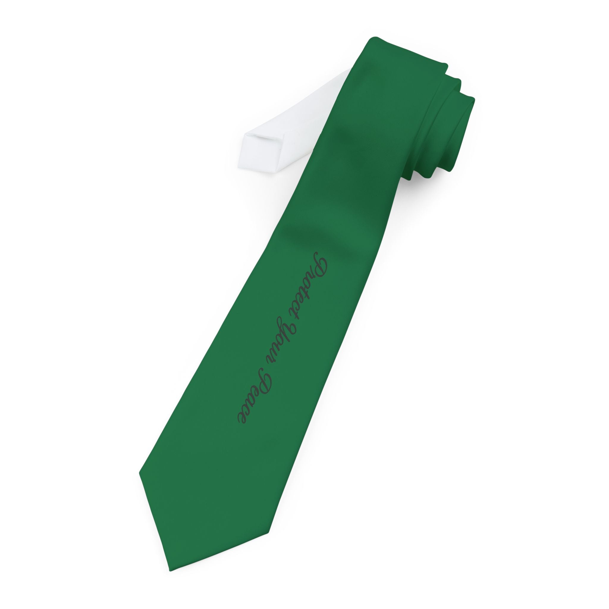 Green Slim Necktie with "Protect your peace "Script Accent — Classic Formal Tie for Weddings, Work & St. Patrick’s Day