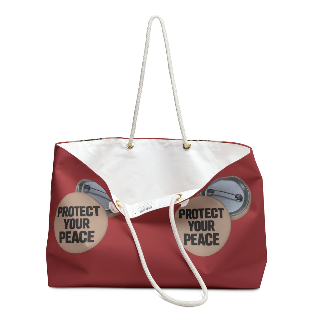 Protect Your Peace Weekender Bag – Red Tote with Button Badge Design