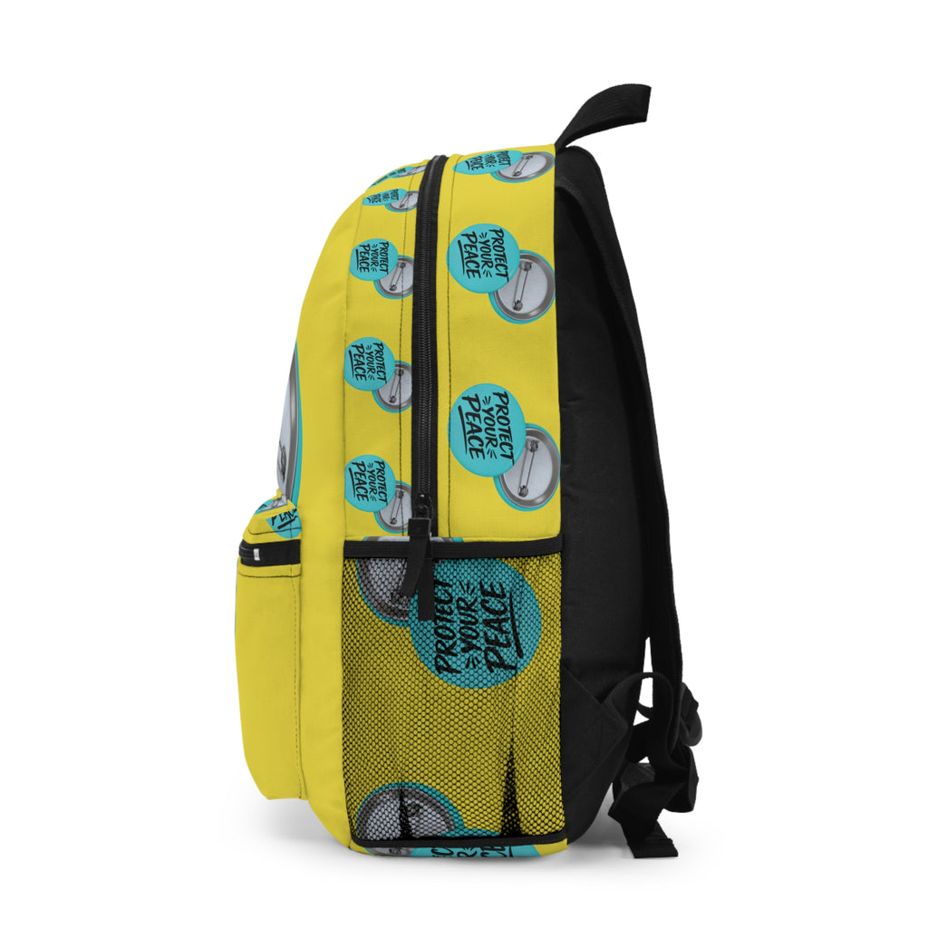 Protect Your Peace Backpack — Yellow Button Badge Pattern School Bag