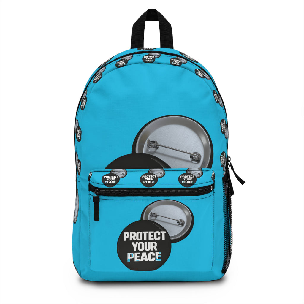 Protect Your Peace Button Backpack — Turquoise Badge Print School Bag