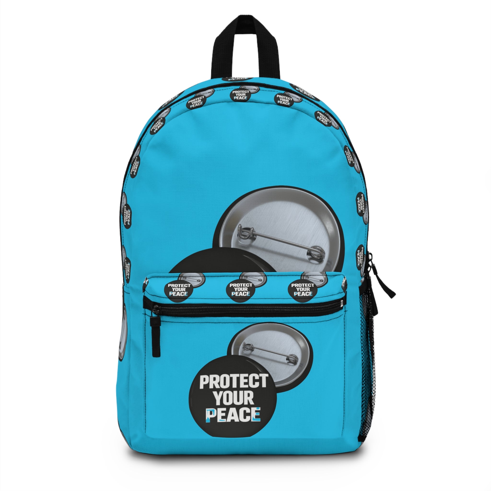 Protect Your Peace Button Backpack — Turquoise Badge Print School Bag