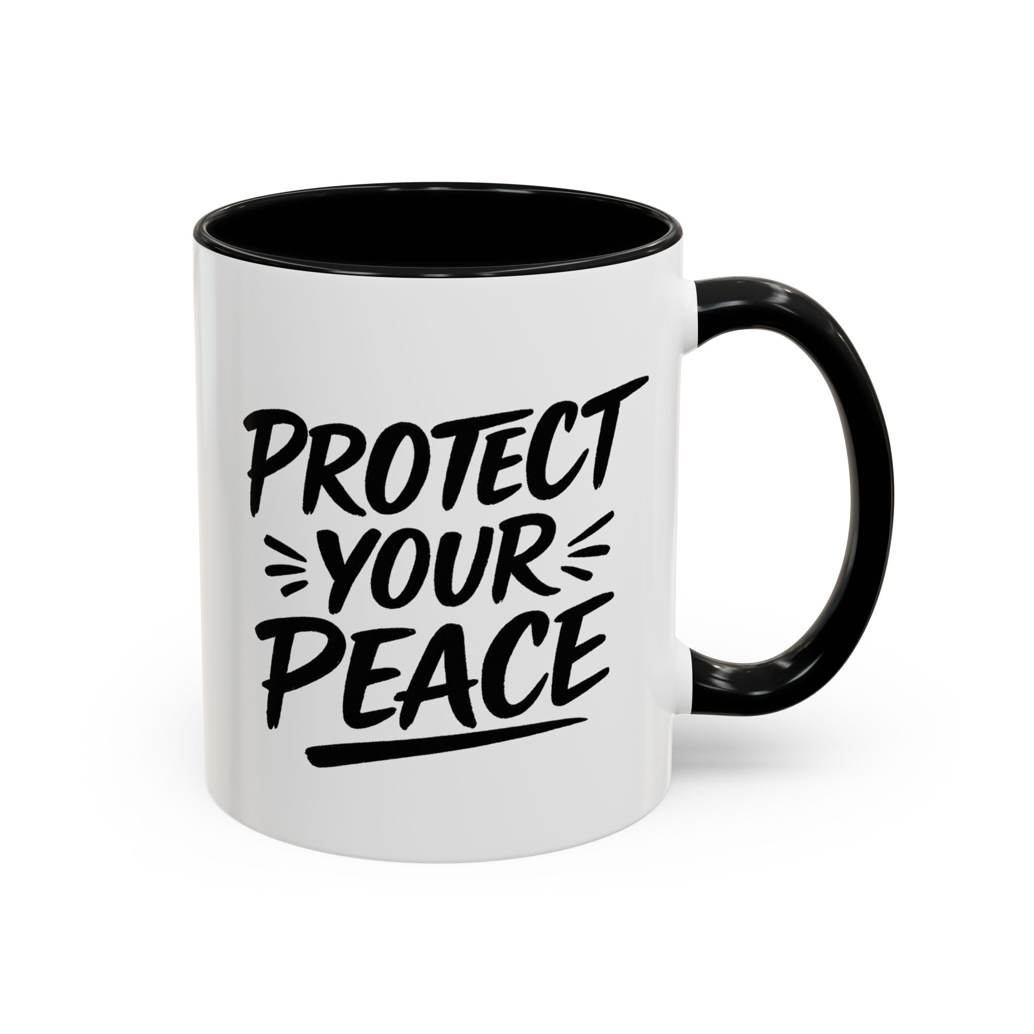 Protect Your Peace Accent Coffee Mug — Inspirational Black & White Ceramic