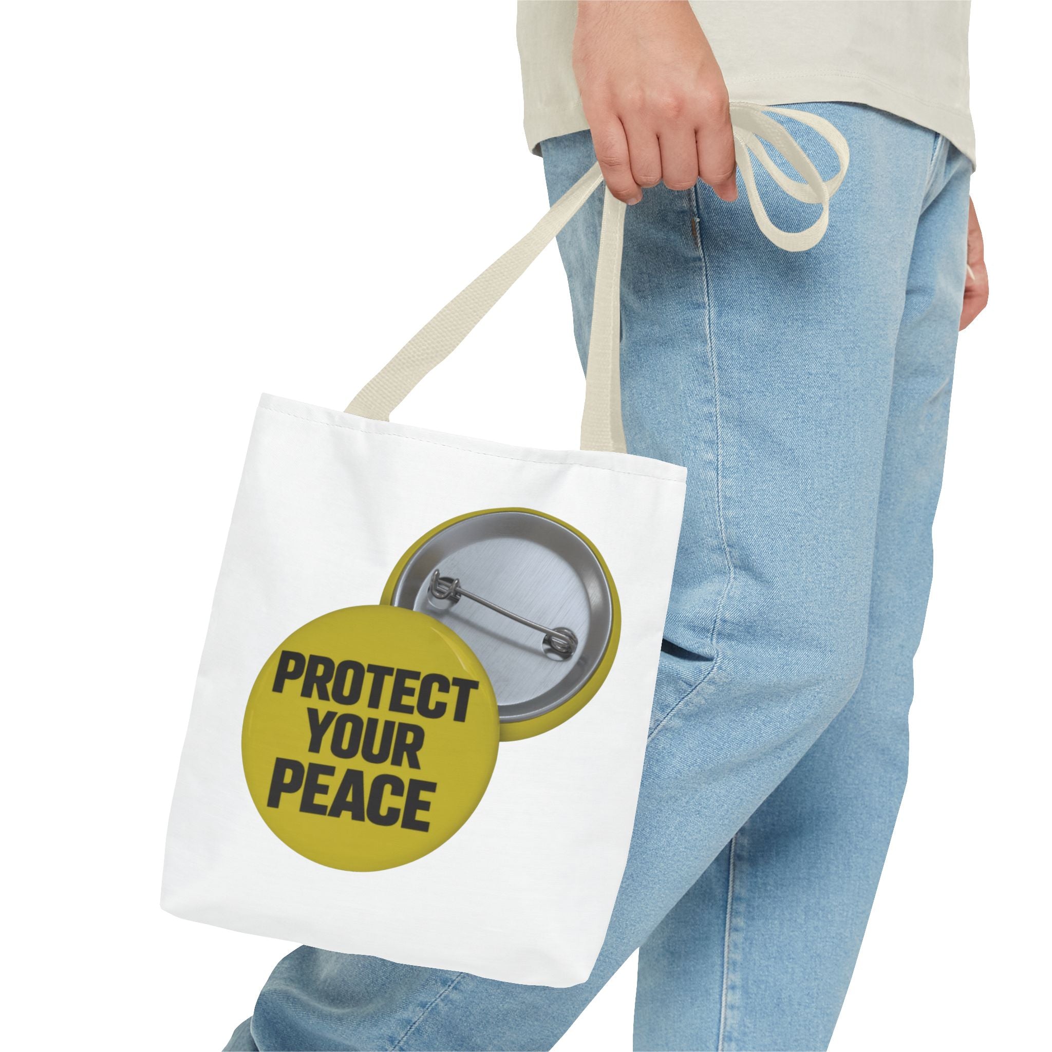 Protect Your Peace Tote Bag — Inspirational Yellow Button Graphic Tote