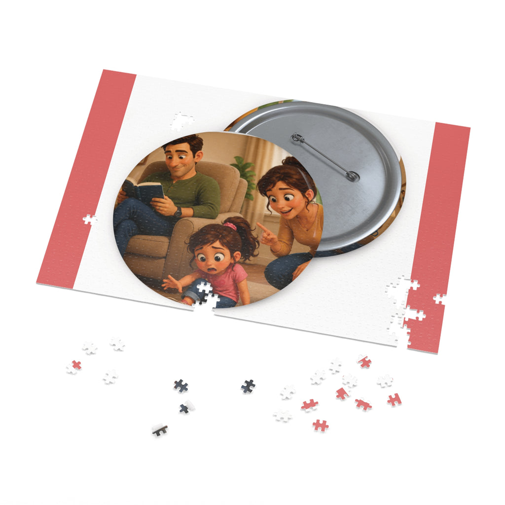 Family Moment 252-Piece Round Tin Puzzle — Cute Parents & Kid Illustration