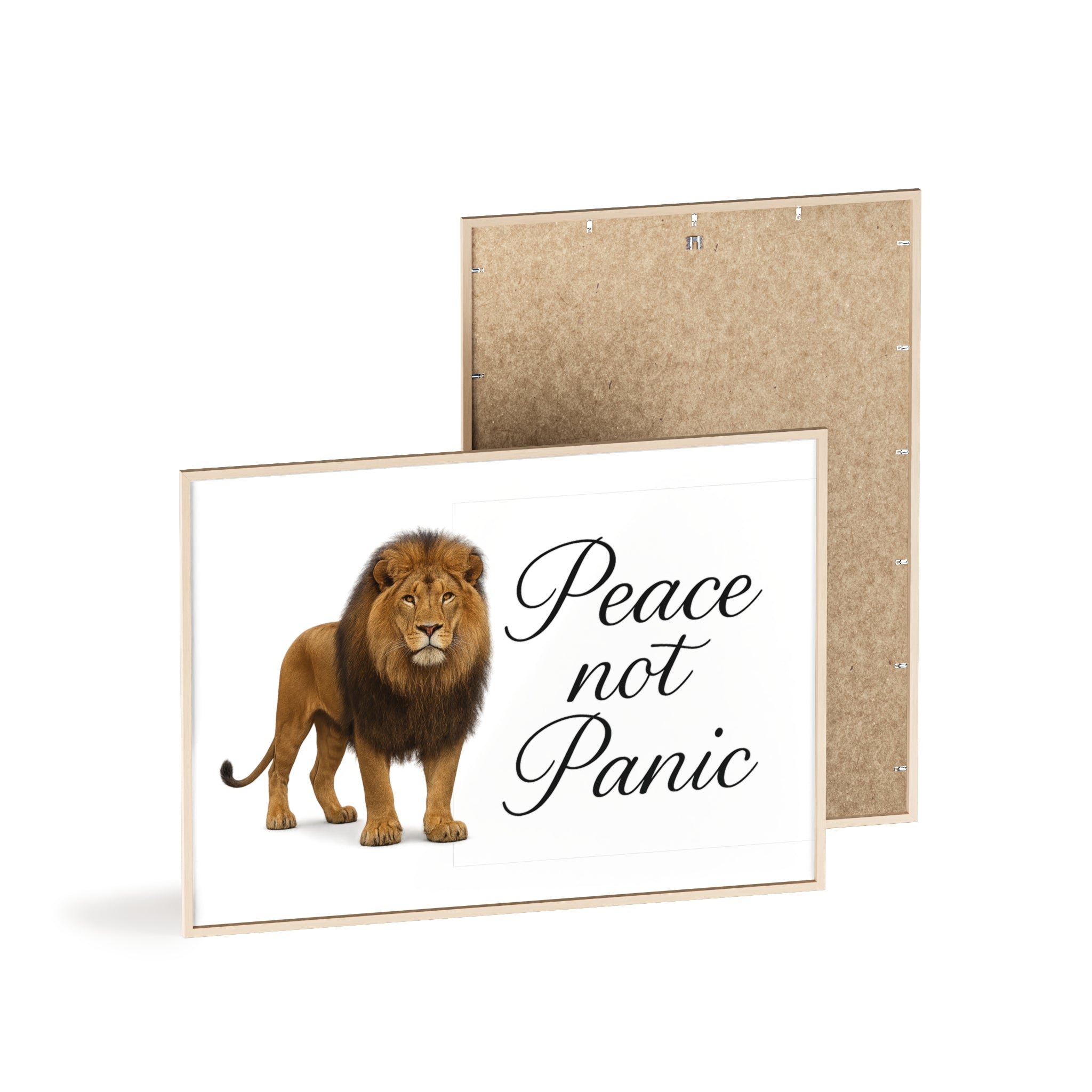 Peace Not Panic Lion Poster with Wooden Frame — Calming Wall Art for Home & Office