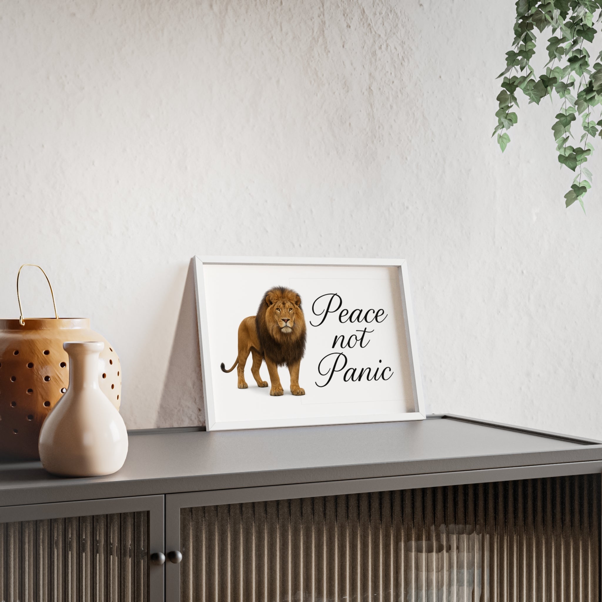Peace Not Panic Lion Poster with Wooden Frame — Calming Wall Art for Home & Office