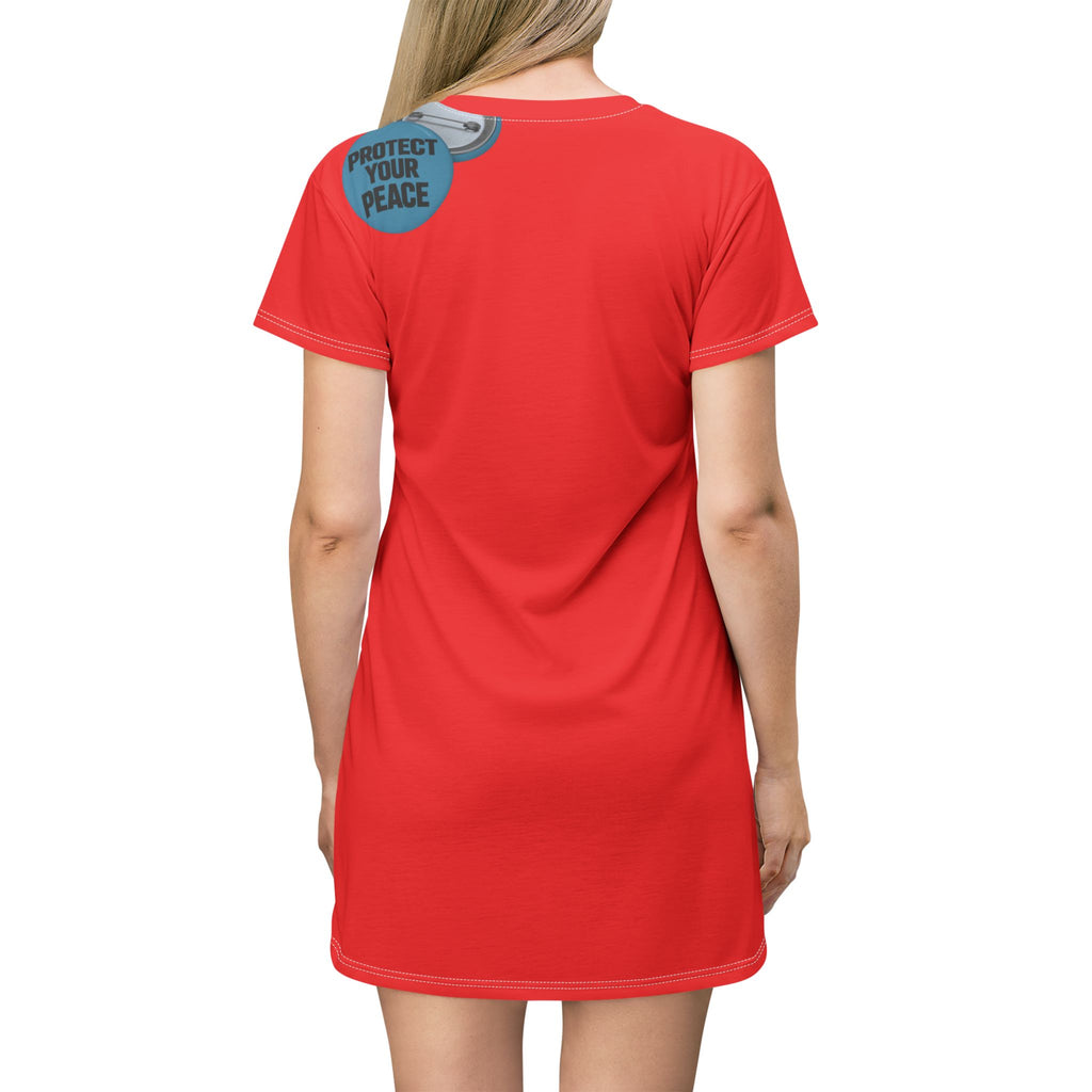 T-Shirt Dress — "Protect Your Peace" Tag Graphic AOP Women's Casual Dress