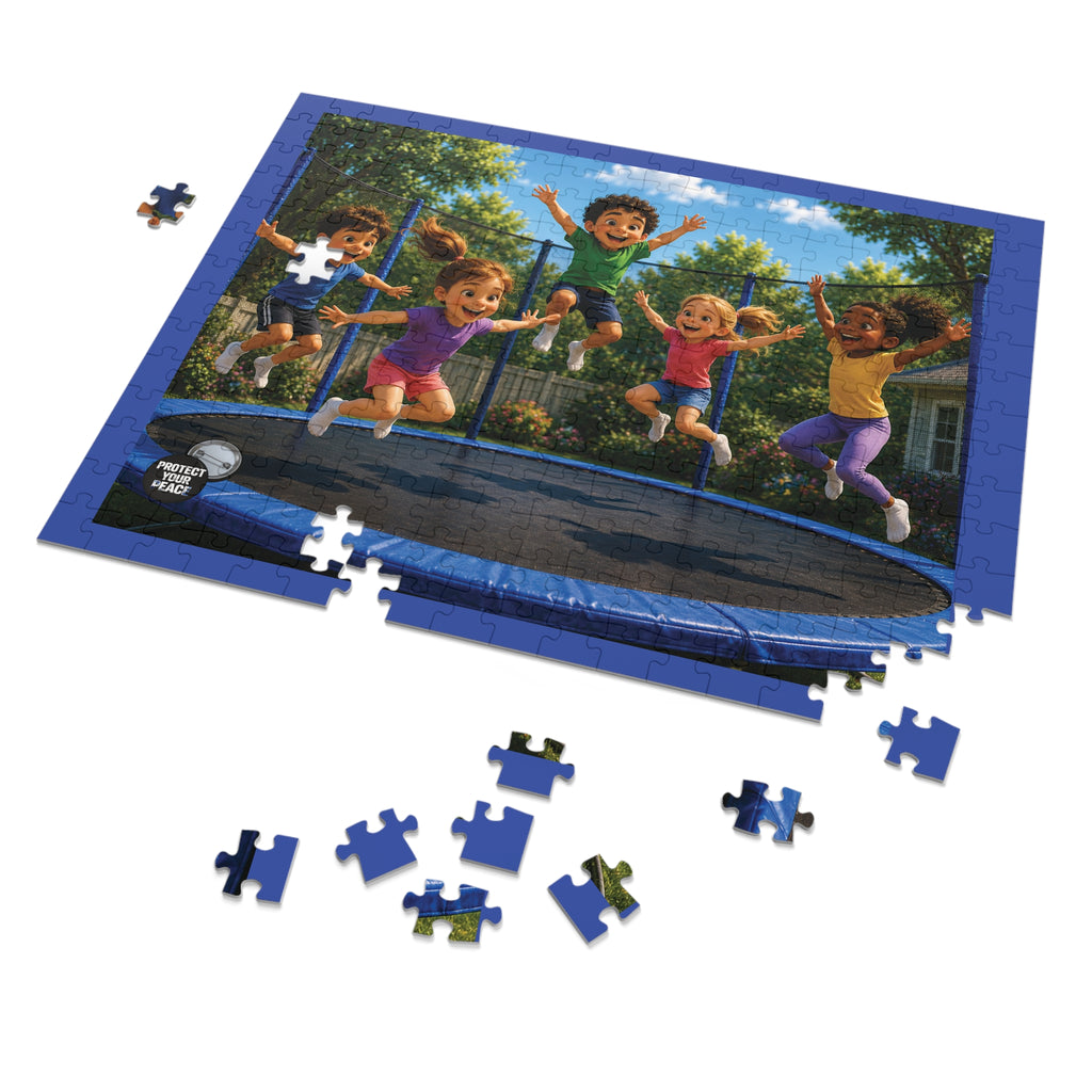 Kids Jumping on Trampoline Jigsaw Puzzle with Tin – 500-Piece Family Fun Puzzle