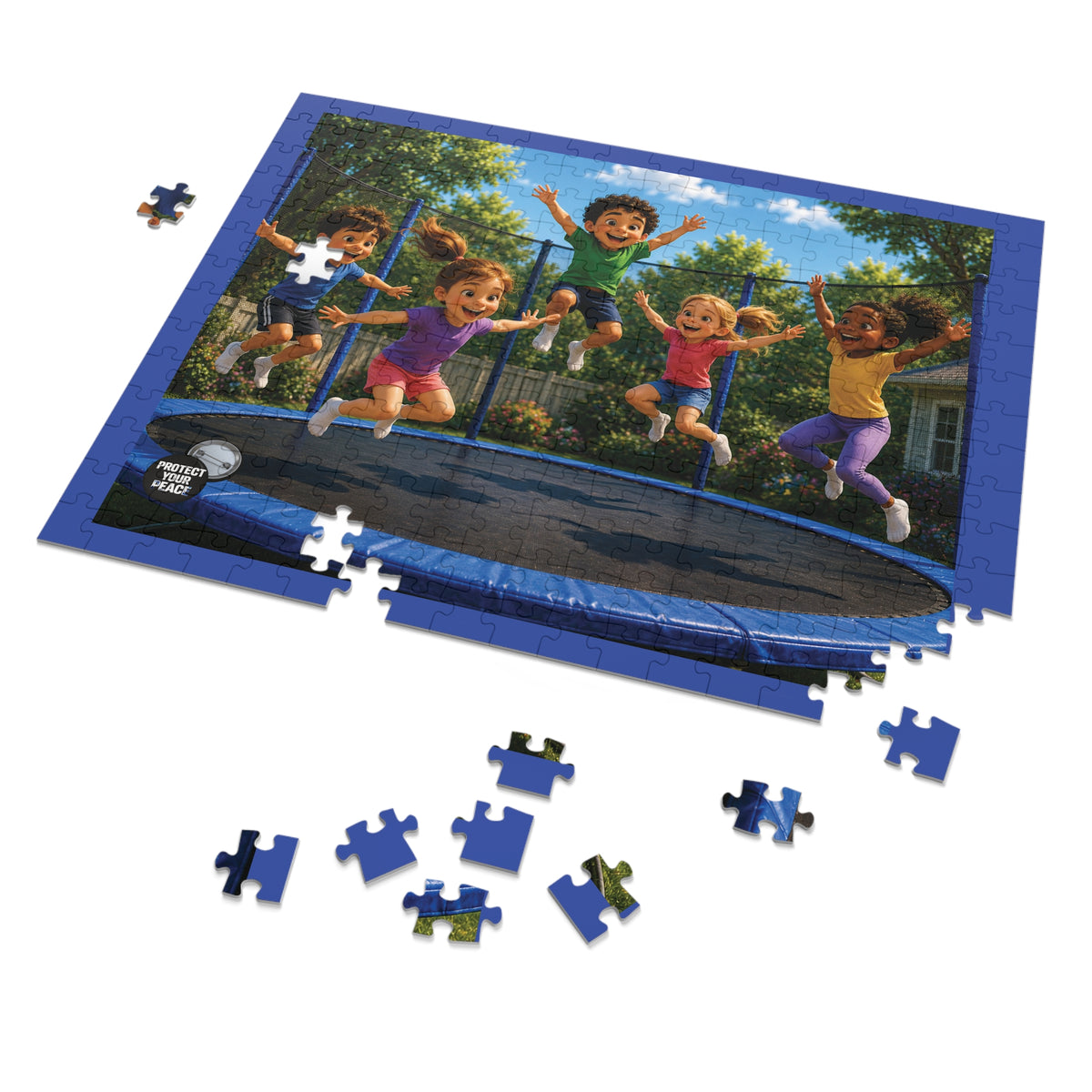 Kids Jumping on Trampoline Jigsaw Puzzle with Tin – 500-Piece Family Fun Puzzle