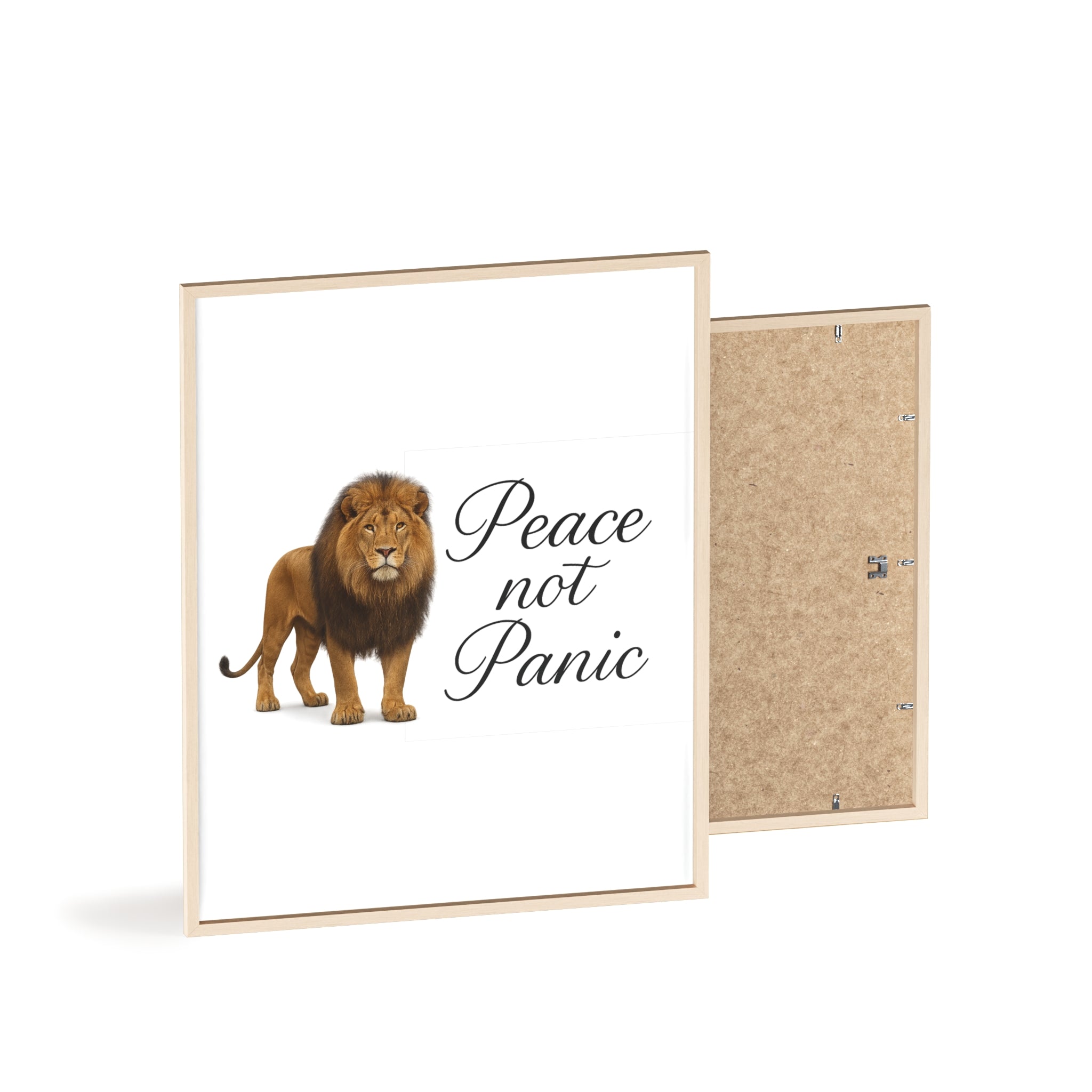 Peace Not Panic Lion Poster with Wooden Frame — Calming Wall Art for Home & Office