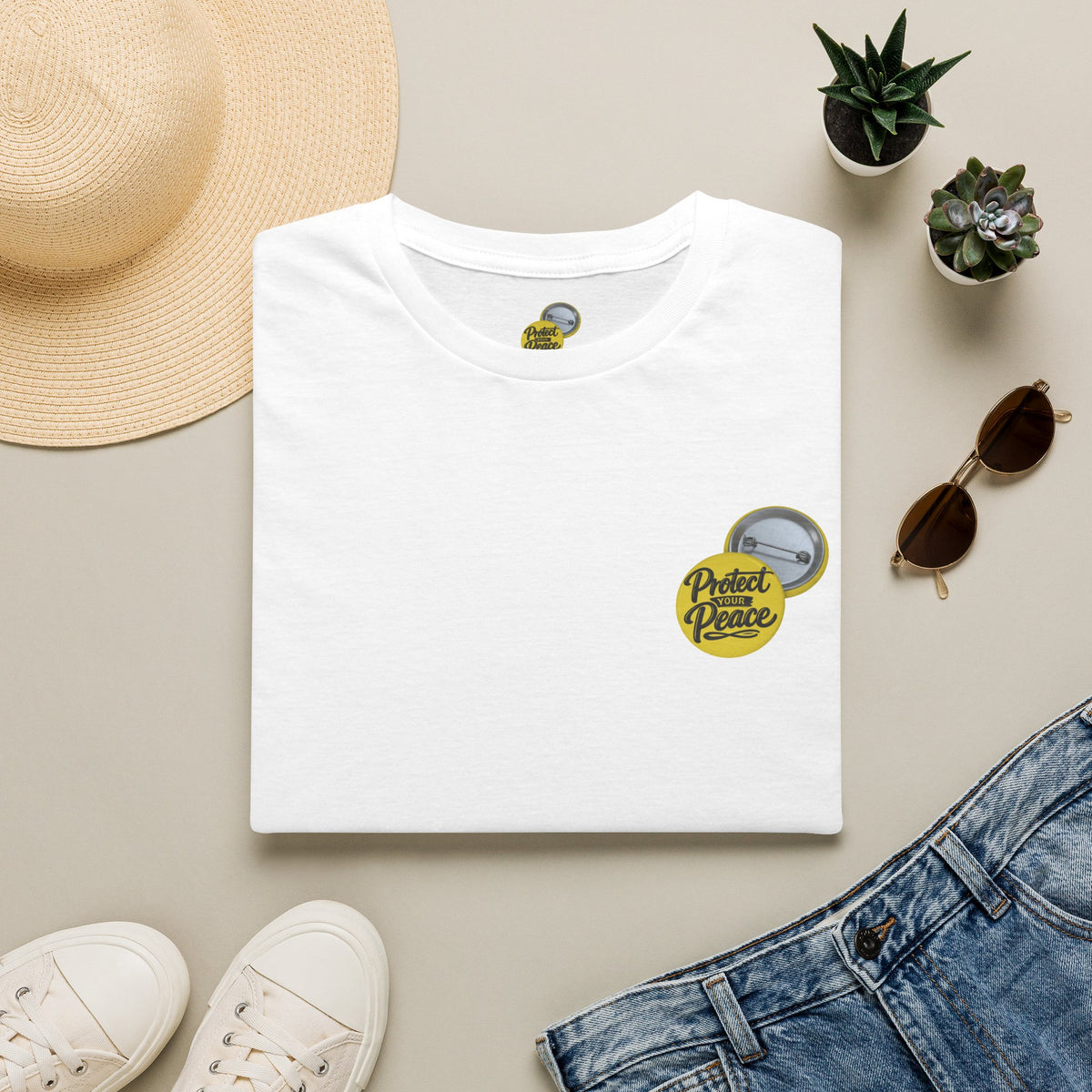 T-Shirt — 'Protect the Peace' Yellow Badge Casual Tee
