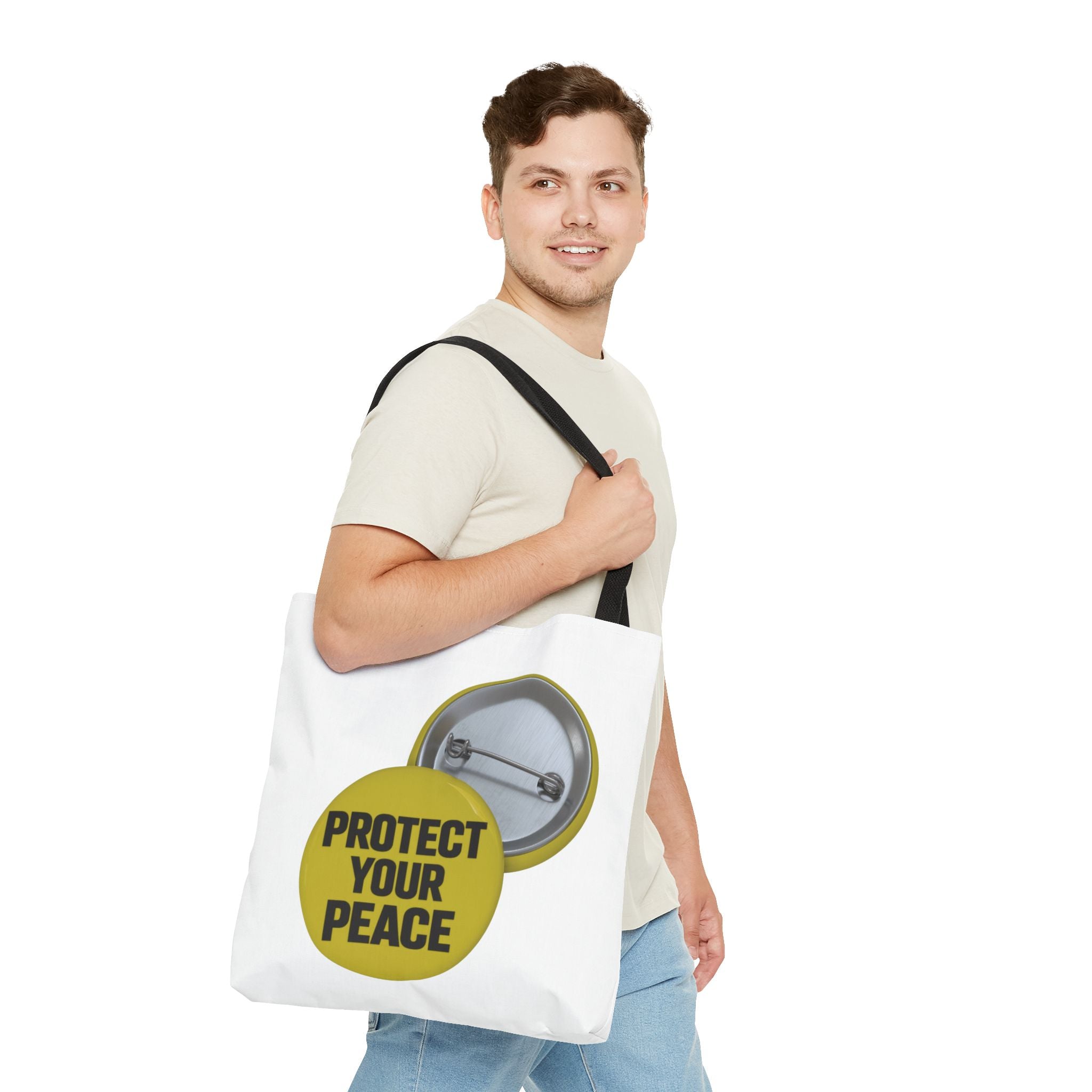 Protect Your Peace Tote Bag — Inspirational Yellow Button Graphic Tote