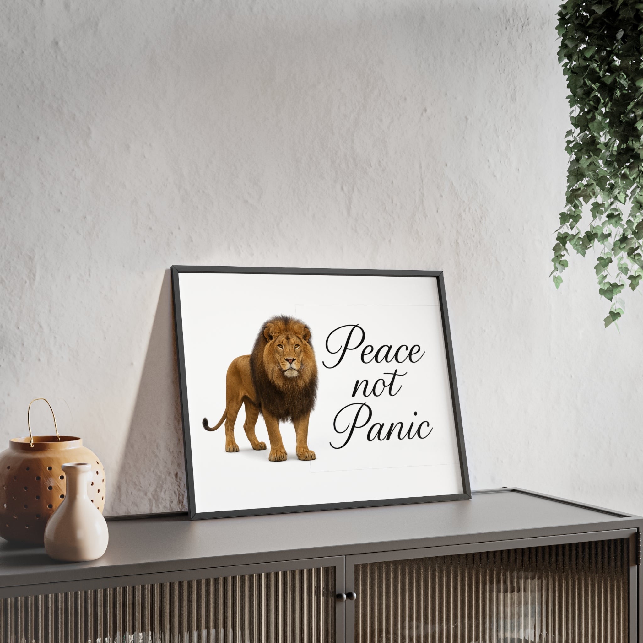 Peace Not Panic Lion Poster with Wooden Frame — Calming Wall Art for Home & Office