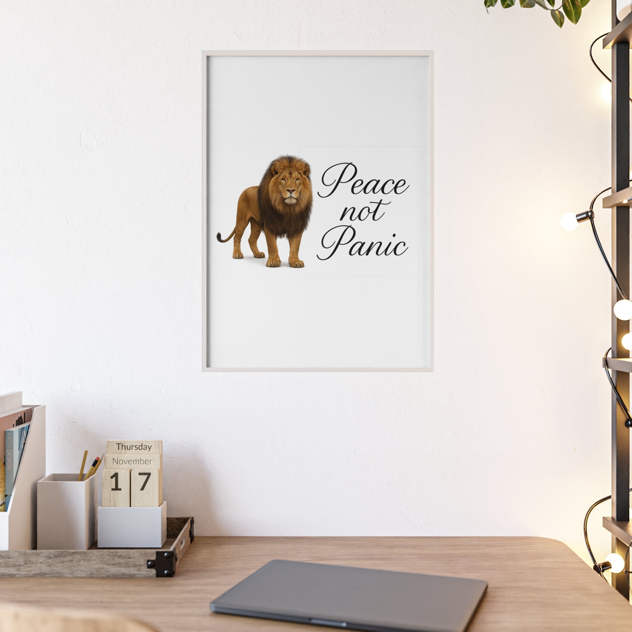 Peace Not Panic Lion Poster with Wooden Frame — Calming Wall Art for Home & Office