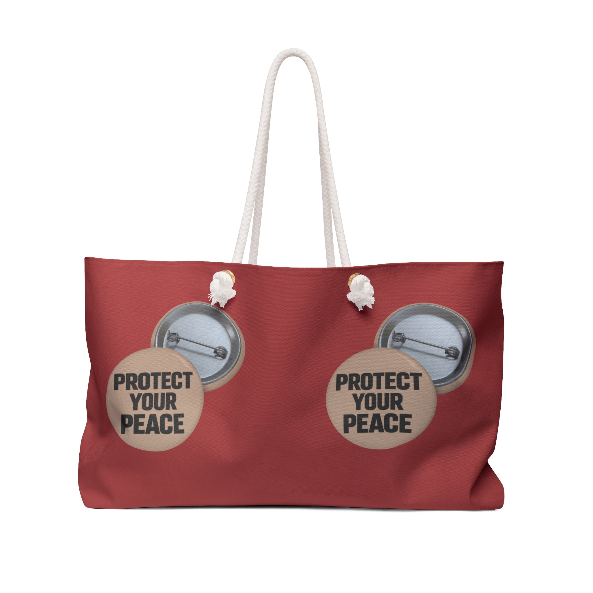 Protect Your Peace Weekender Bag – Red Tote with Button Badge Design