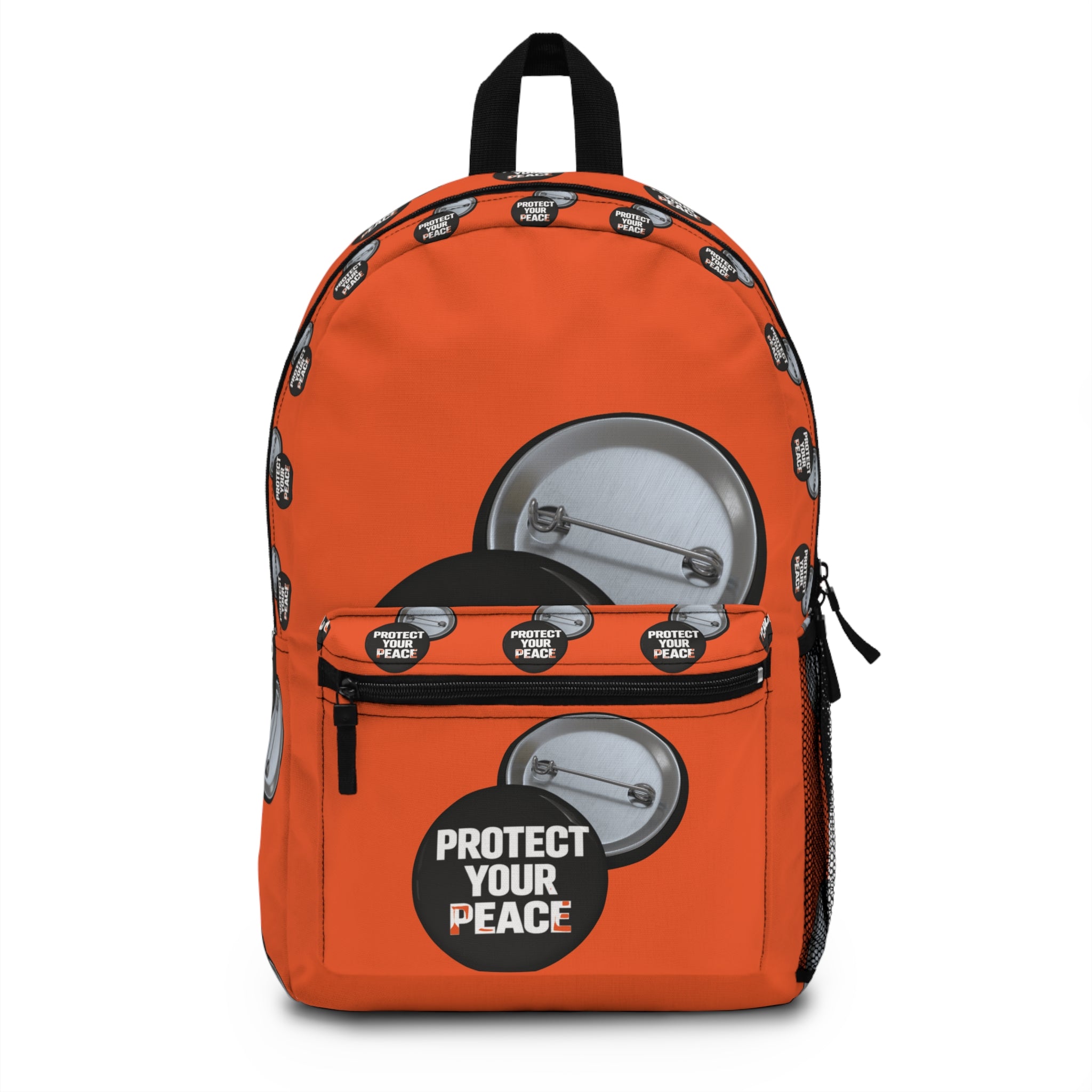 Protect Your Peace Backpack - Orange Button Badge Pattern