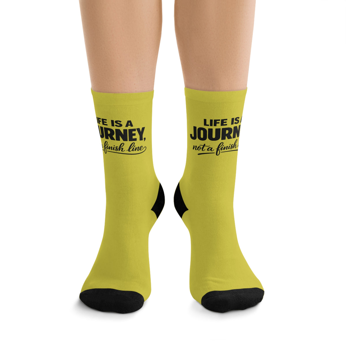 Life Is a Journey not a finish line.  Recycled Poly Socks - Motivational Yellow Crew Socks