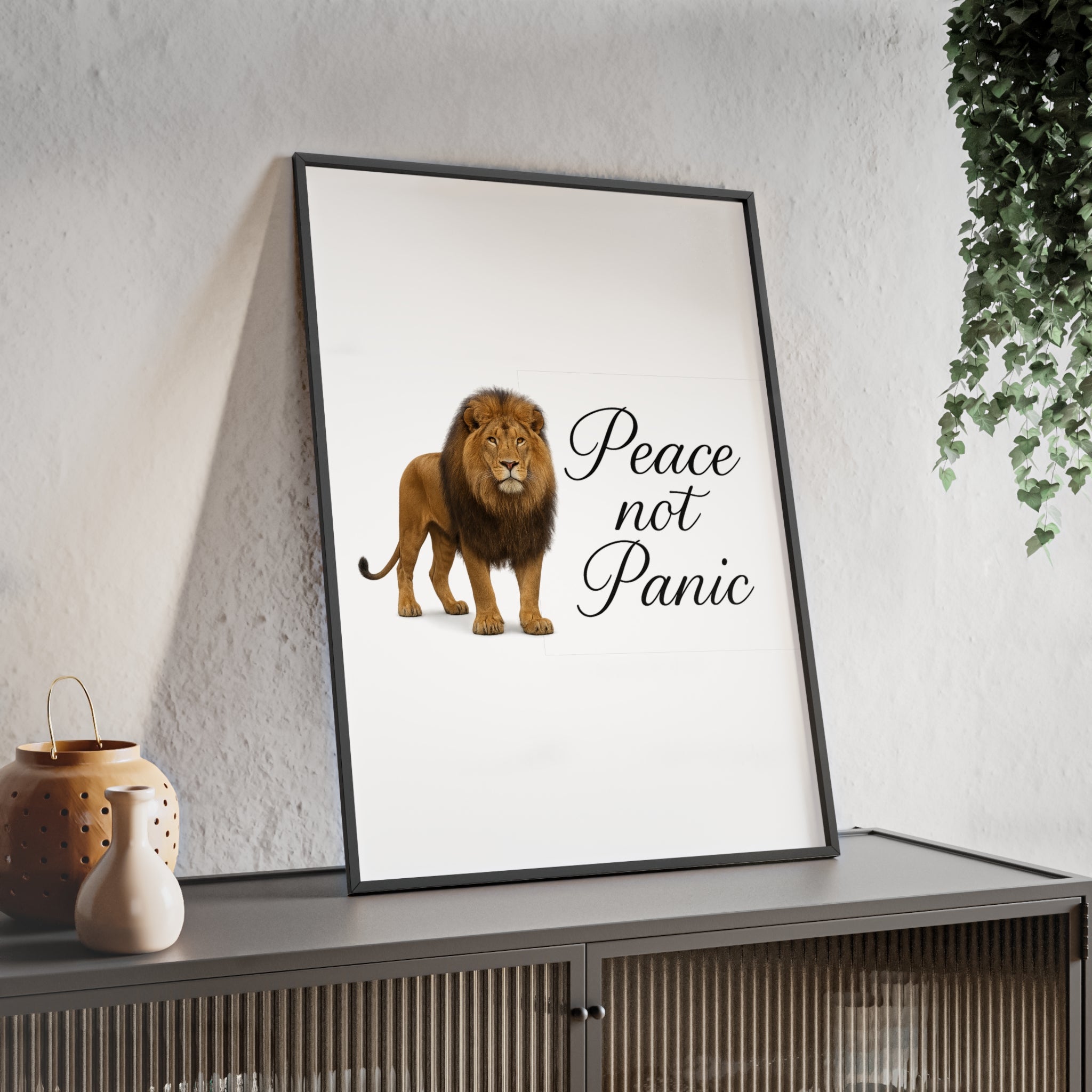 Peace Not Panic Lion Poster with Wooden Frame — Calming Wall Art for Home & Office