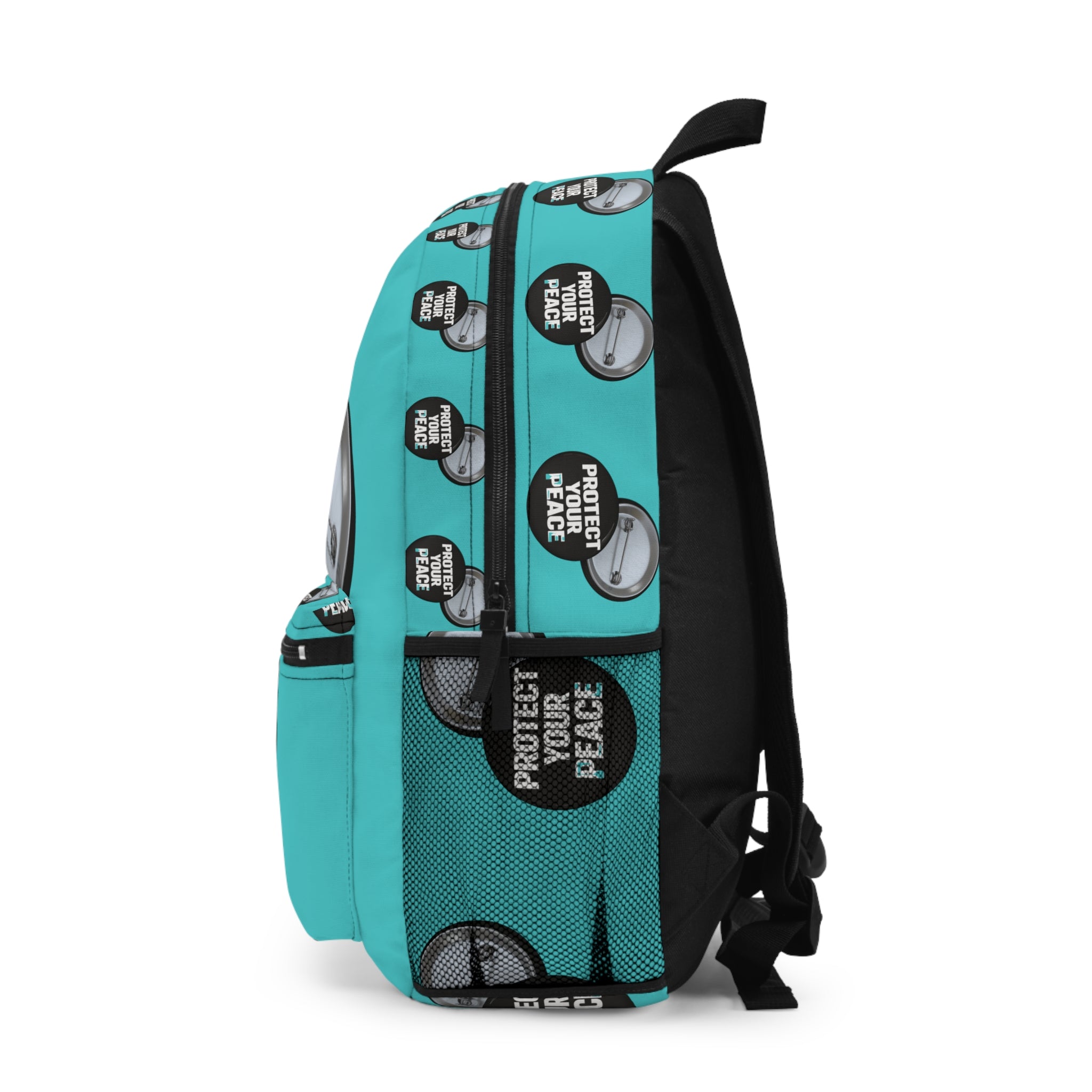 Protect Your Peace Button Backpack — Teal Badge Print School & Travel Bag