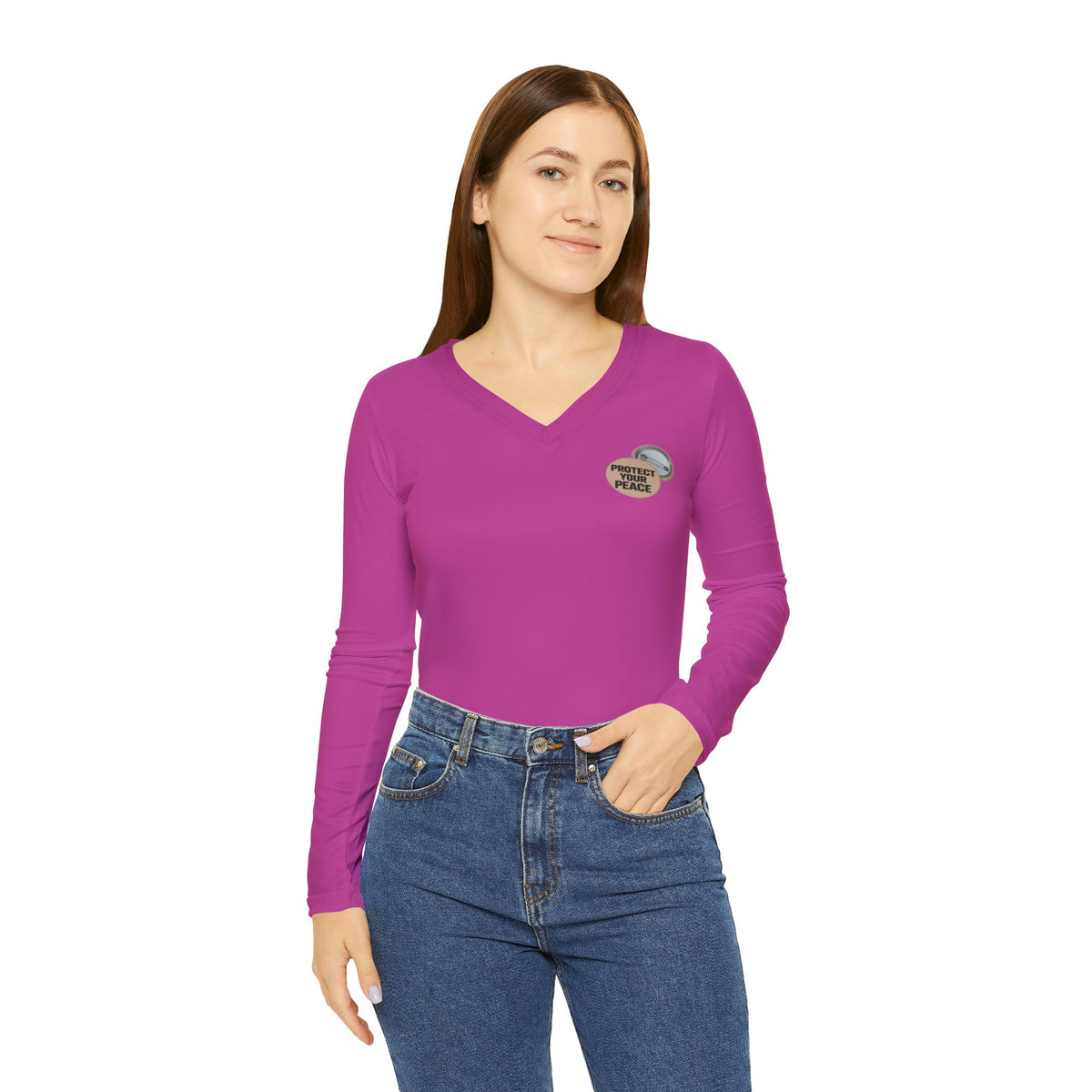 Women's Pink Long Sleeve V-Neck Shirt – Protect Your Peace Graphic Design