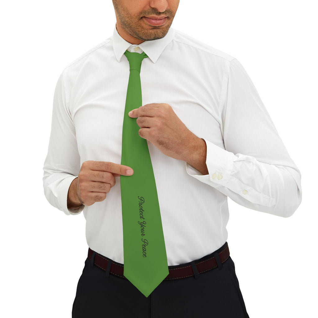 Green "Protect your peace" Custom Necktie — Personalized Script Accent Tie for Groomsmen, Fall Weddings & Corporate Events
