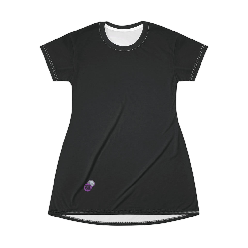 Protect Your Peace T-Shirt Dress — Black AOP Casual Dress with Back Button Badge Graphic