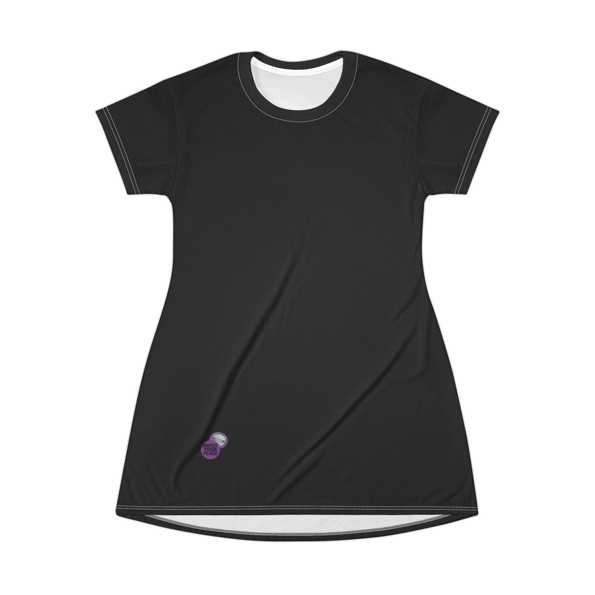 Protect Your Peace T-Shirt Dress — Black AOP Casual Dress with Back Button Badge Graphic