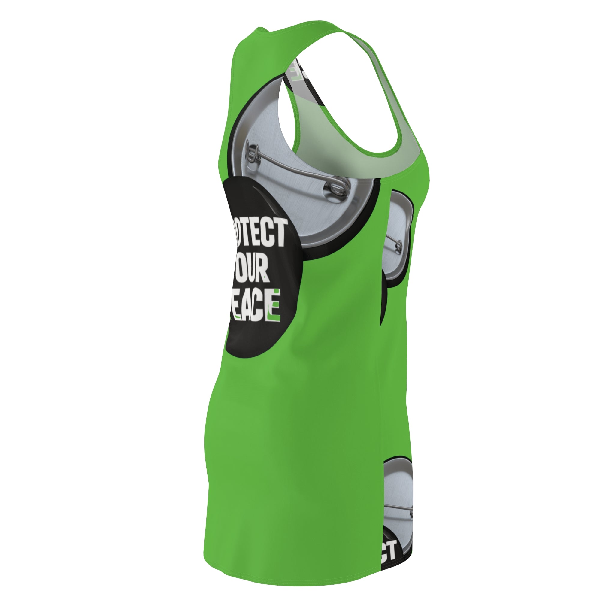 Protect Your Peace Racerback Dress — Bold Green AOP Peace Button Design