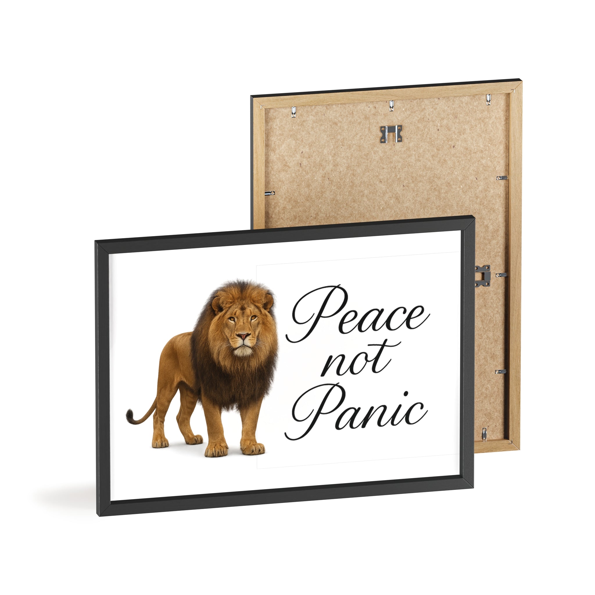 Peace Not Panic Lion Poster with Wooden Frame — Calming Wall Art for Home & Office