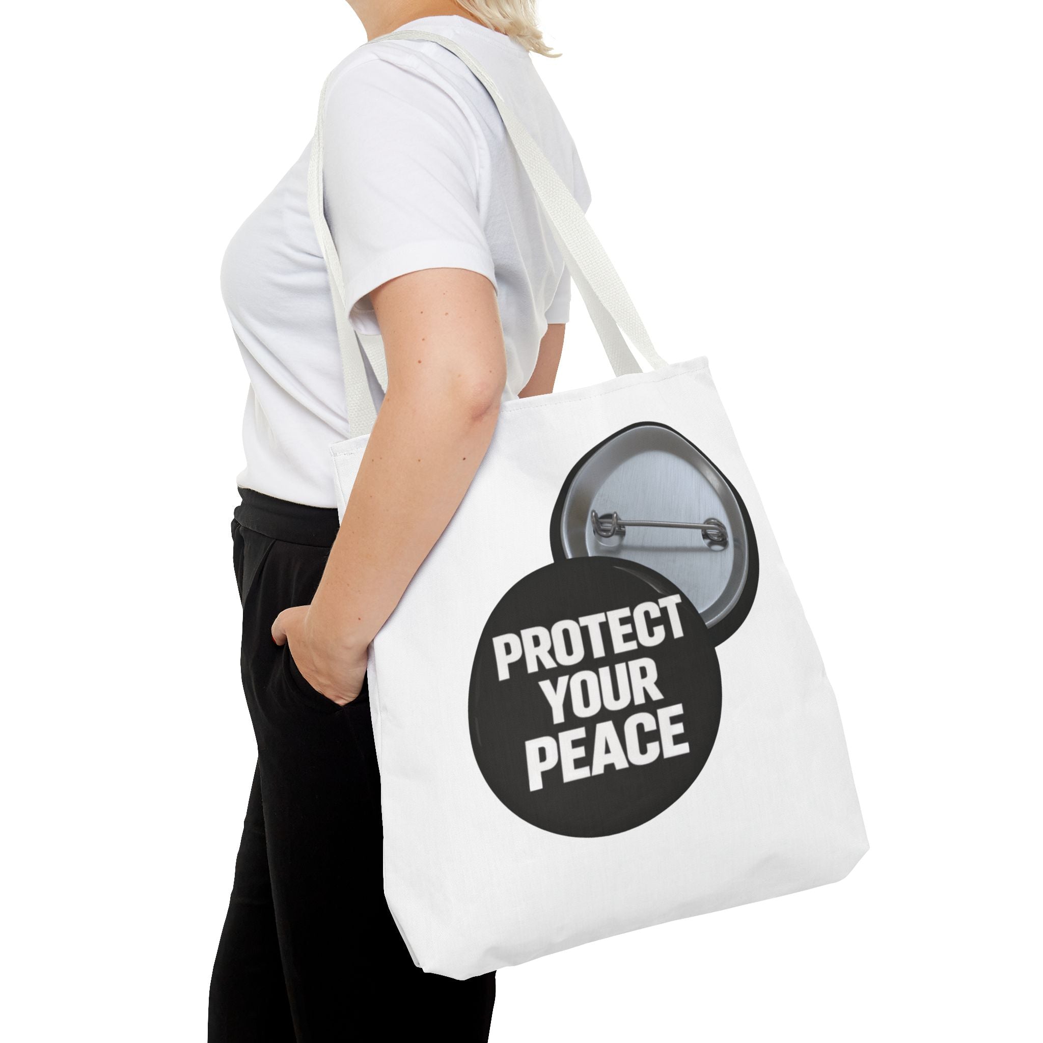 Tote — "Protect Your Peace" Button Design Cotton Tote Bag