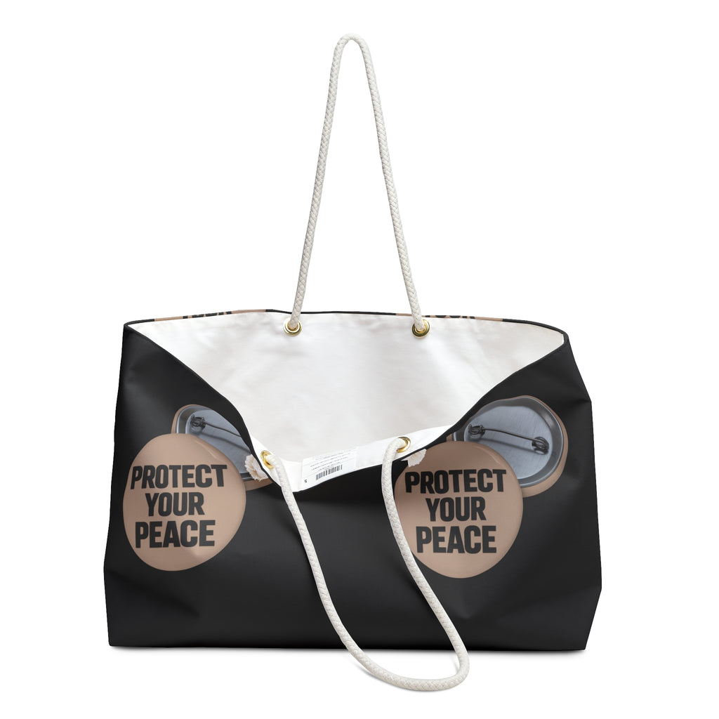 Protect Your Peace Weekender Bag – Black Travel Tote with Motivational Badge Design