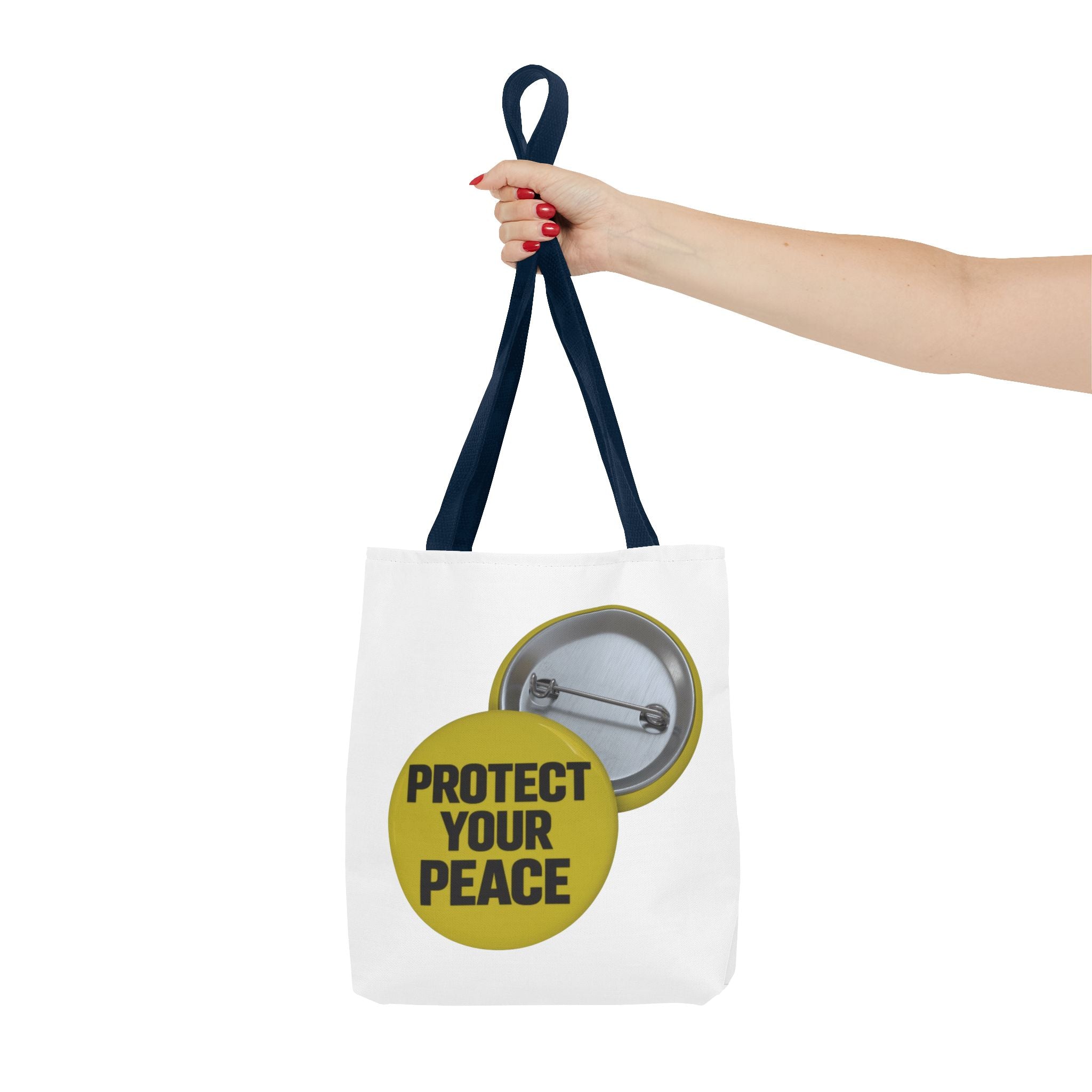 Protect Your Peace Tote Bag — Inspirational Yellow Button Graphic Tote