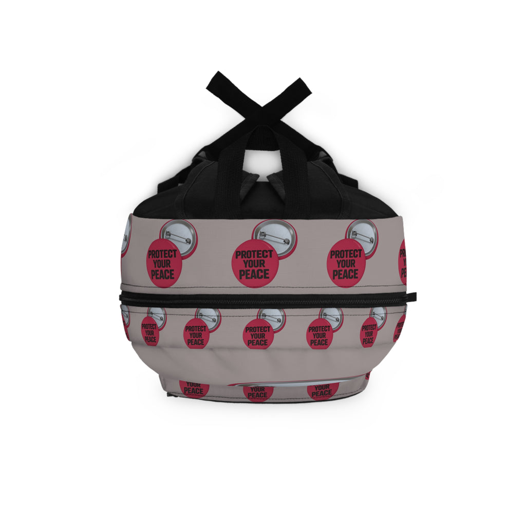 Protect Your Peace Button Backpack – Neutral Grey Daypack with Pink Badge Design